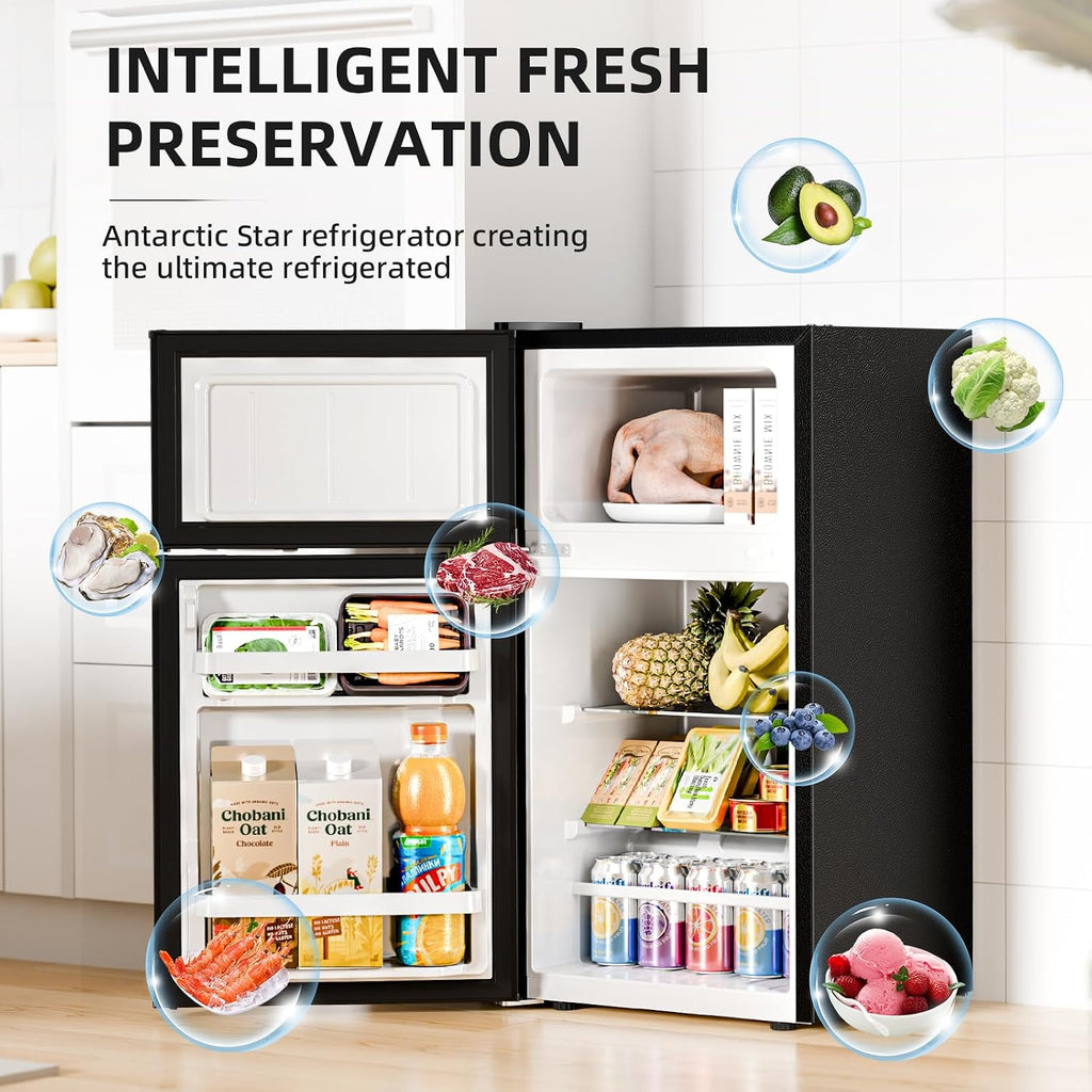 Antarctic Star Mini Fridge with Freezer, Double Door Compact Refrigerator, Adjustable Thermostat, Small Fridge for Bedroom Office Dorm Apartment,2.45 Cu.Ft,Black