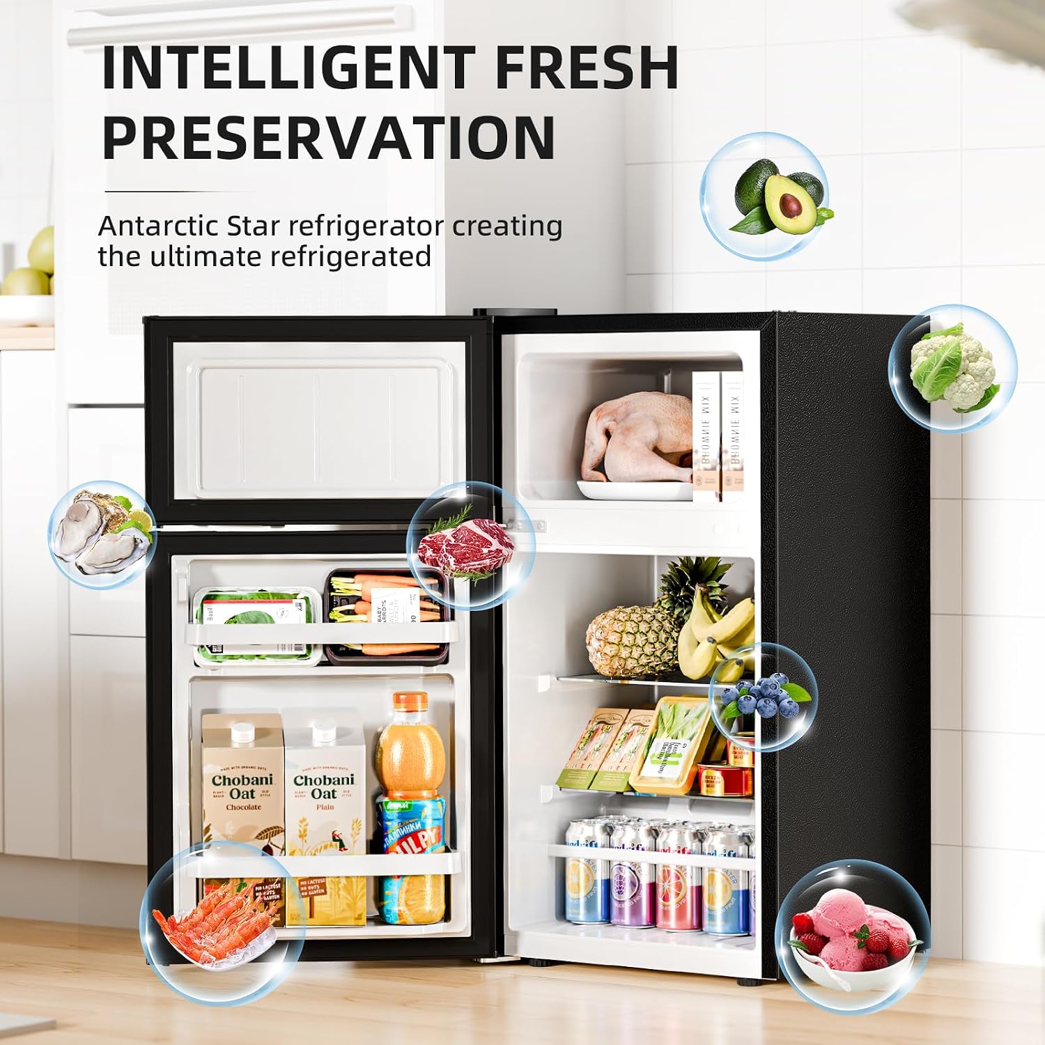 Antarctic Star Mini Fridge with Freezer, Double Door Compact Refrigerator, Adjustable Thermostat, Small Fridge for Bedroom Office Dorm Apartment,2.45 Cu.Ft,Black