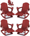 KINGYES Adirondack Rocking Chair Set of 4 with Retractable Ottoman and Cup Holders, HDPE Adirondack Rocker Patio Rocking Chair for Porch, Patio, Balcony, Burgundy Red
