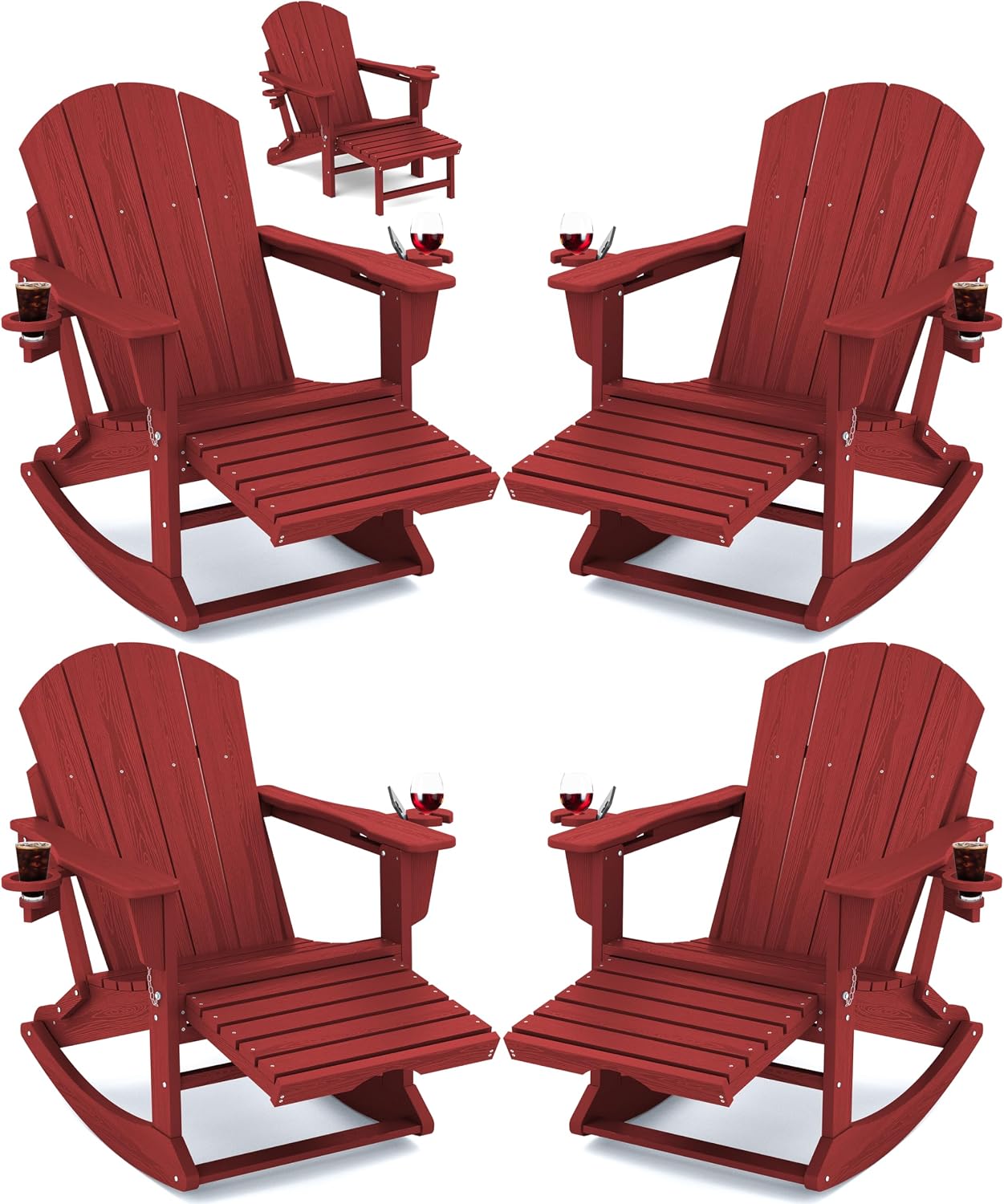 KINGYES Adirondack Rocking Chair Set of 4 with Retractable Ottoman and Cup Holders, HDPE Adirondack Rocker Patio Rocking Chair for Porch, Patio, Balcony, Burgundy Red