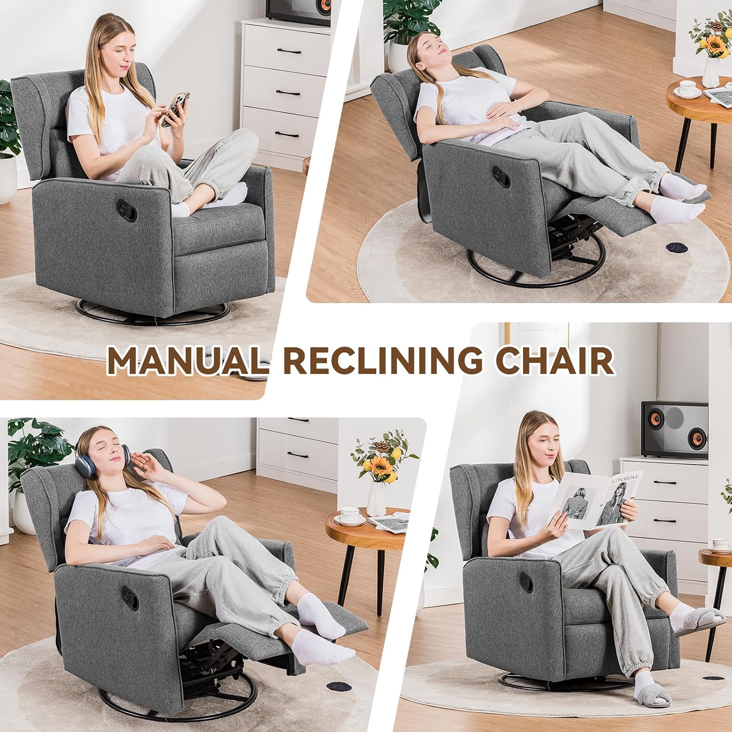 COMHOMA Rocking Recliner Chair,Swivel Glider Reclining Single Sofa Manual Rocker Recliners,Nursery Rocking Chairs with Upholstered Seating for Living Room Office(Grey)