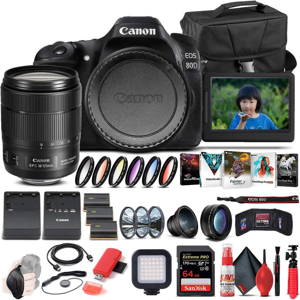 Canon EOS 80D DSLR Camera with 18-135mm Lens (1263C006), 64GB Memory Card, Case, Corel Photo Software, 2 x LPE6 Battery, Charger, Card Reader, LED Light, Filter Kit + More