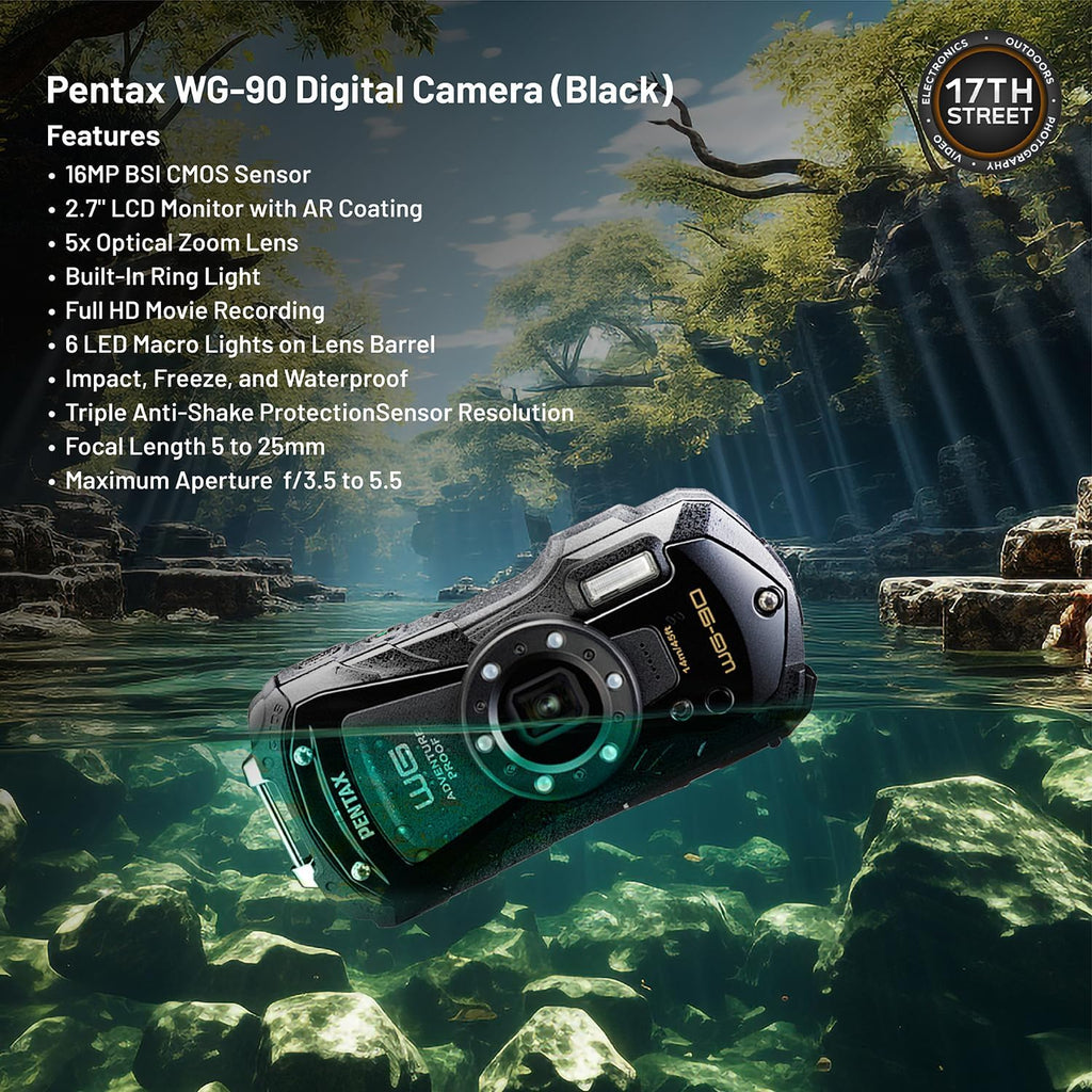Pentax WG-90 Waterproof Digital Camera (Black) | 2.7' LCD Monitor Display Camera with 32GB Ultra UHS-I SDHC Memory Card and Waith Quick Release Camera Floating Strap (Yellow) - Essential Bundle Kit