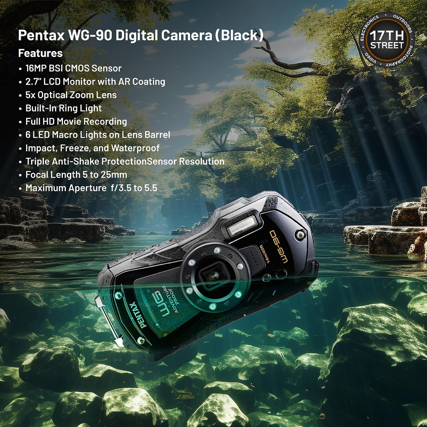 Pentax WG-90 Waterproof Digital Camera (Black) | 2.7' LCD Monitor Display Camera with 32GB Ultra UHS-I SDHC Memory Card and Waith Quick Release Camera Floating Strap (Yellow) - Essential Bundle Kit