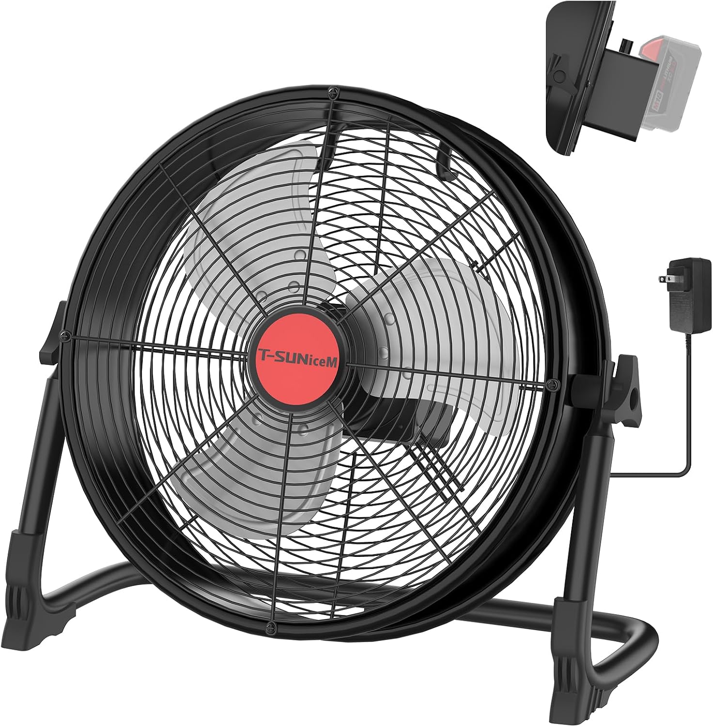 16' Battery Operated Floor Fan Compatible with Milwaukee M18 18V Battery, Portable Fan with AC Adapter and USB Output, Metal Industrial High Velocity, Stepless Speed Cordless Fan for Jobsite Garage