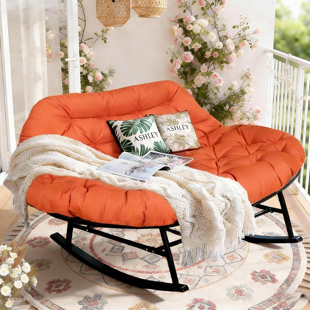YOXIFOC Double Rocking Chair, Indoor and Outdoor Dual Lounge Chair, with Extra Thick and Large Cushion, Suitable for Living Room/Patio/Garden (Orange)