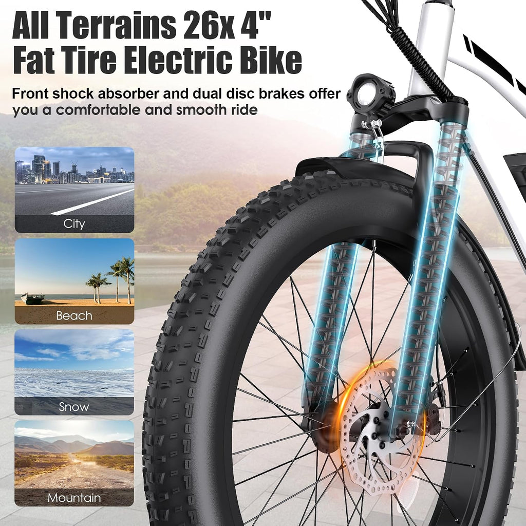 Electric Bike for Adults, 1000W Peak 20MPH 60Miles Ebike,48V 13AH Battery Electric Mountain Bike, 26' x 4'' Fat Tire Electric Bicycle with Rear Rack, Fenders, 7 Speed, UL 2849 Certified