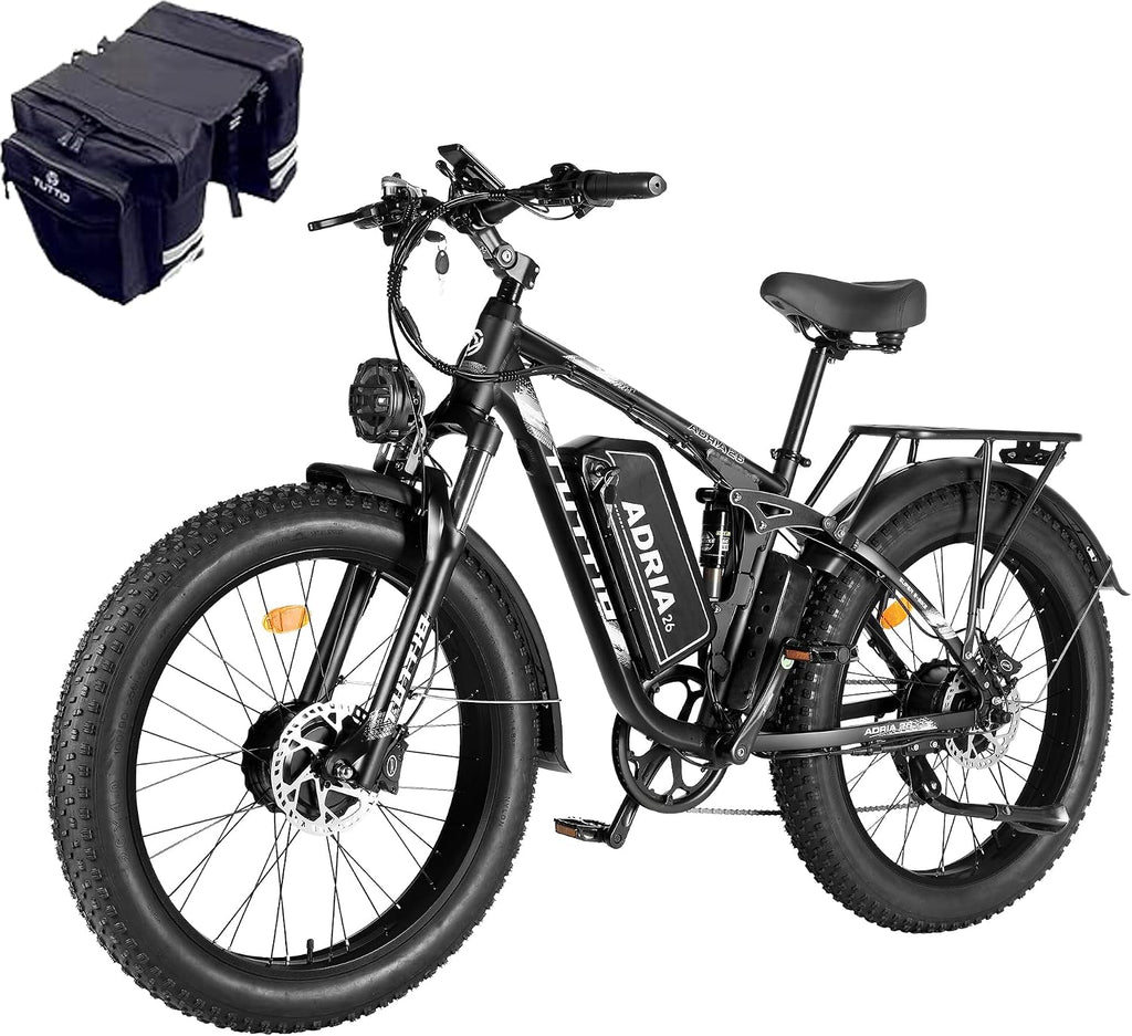 TUTTIO Adria26 5000W/6000W Dual Motor Ebike, 40-46MPH Electric Bike for Adults, 26' x 4' Fat Tire Electric Mountain Bike, 52V 25AH E-Bike Full Suspension Electric Dirt Bike for Off-Road Hunting