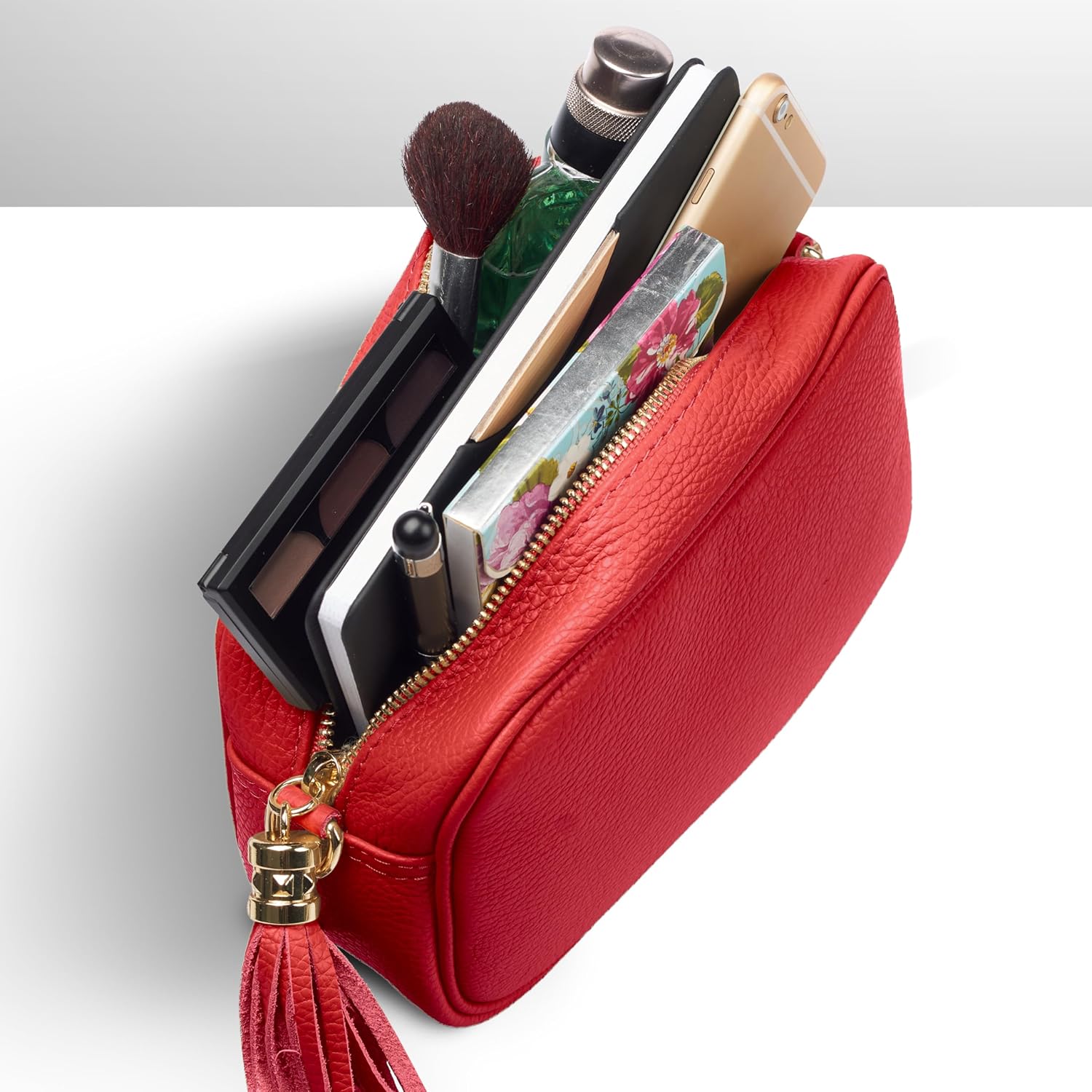 Italian Calf Leather Crossbody Bag for Women with Tassel Zipper | Small Camera Purse Shoulder Handbag Pocketbook