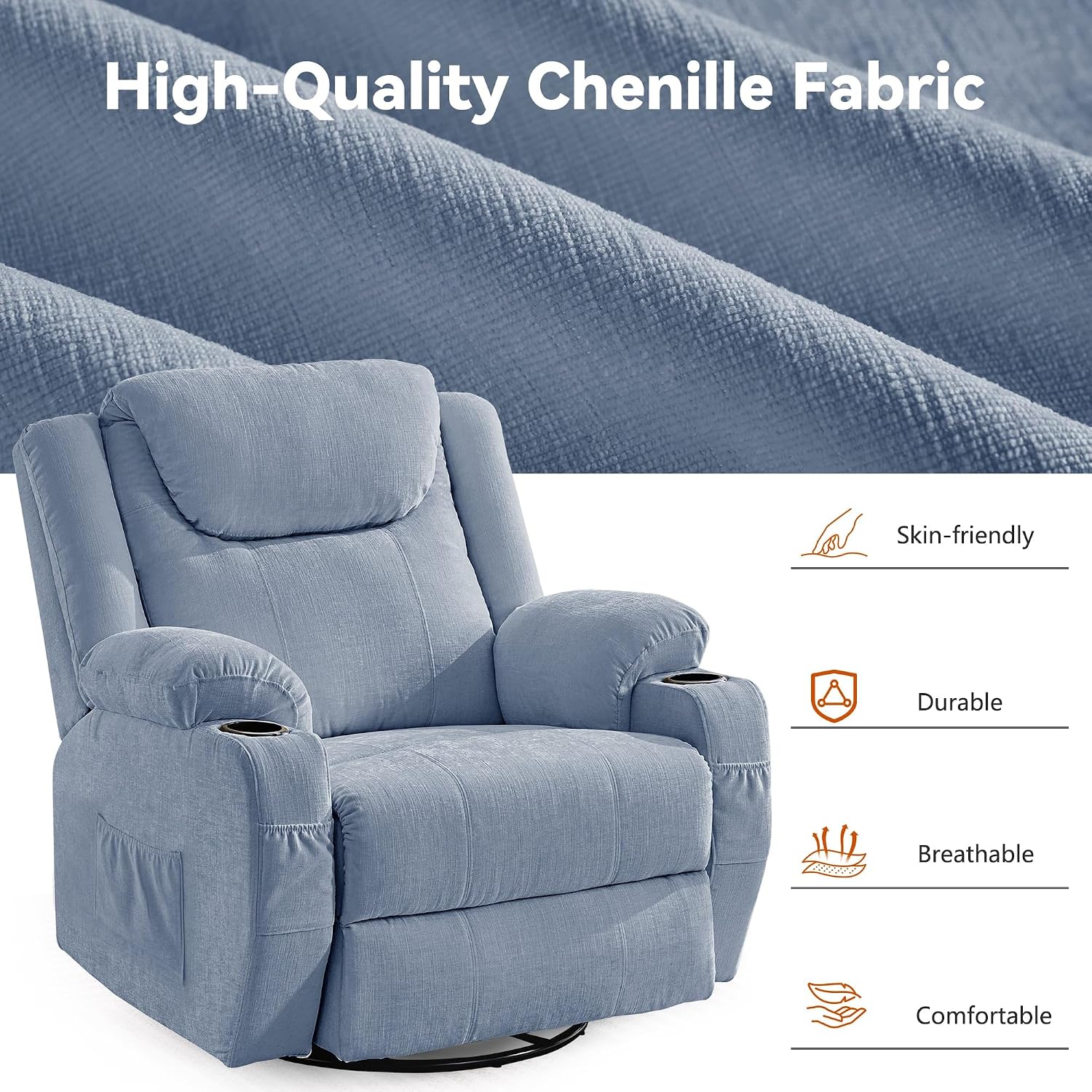 Korser Oversized Recliner Chair, 360° Swivel Recliner for Adults, Swivel Rocker Recliner Chair with Heat and Massage, Manual Recliner with Remote Control and Cup Holders for Living Room, Chenille