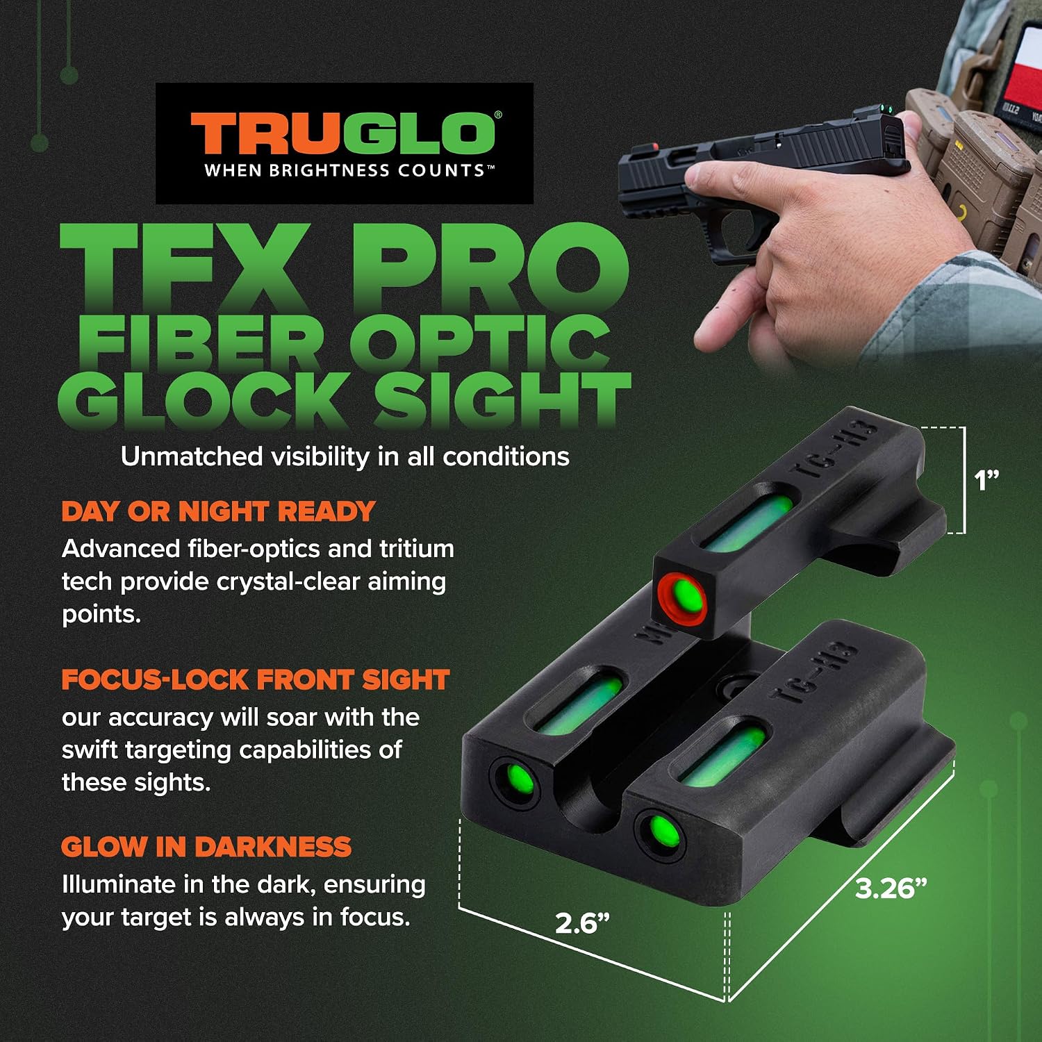 Truglo TFX PRO Handgun Sight, Glowing Shock Proof Tritium and Fiber Optic Night Sight for Handguns, Compact, Durable, and Snag Free Sight