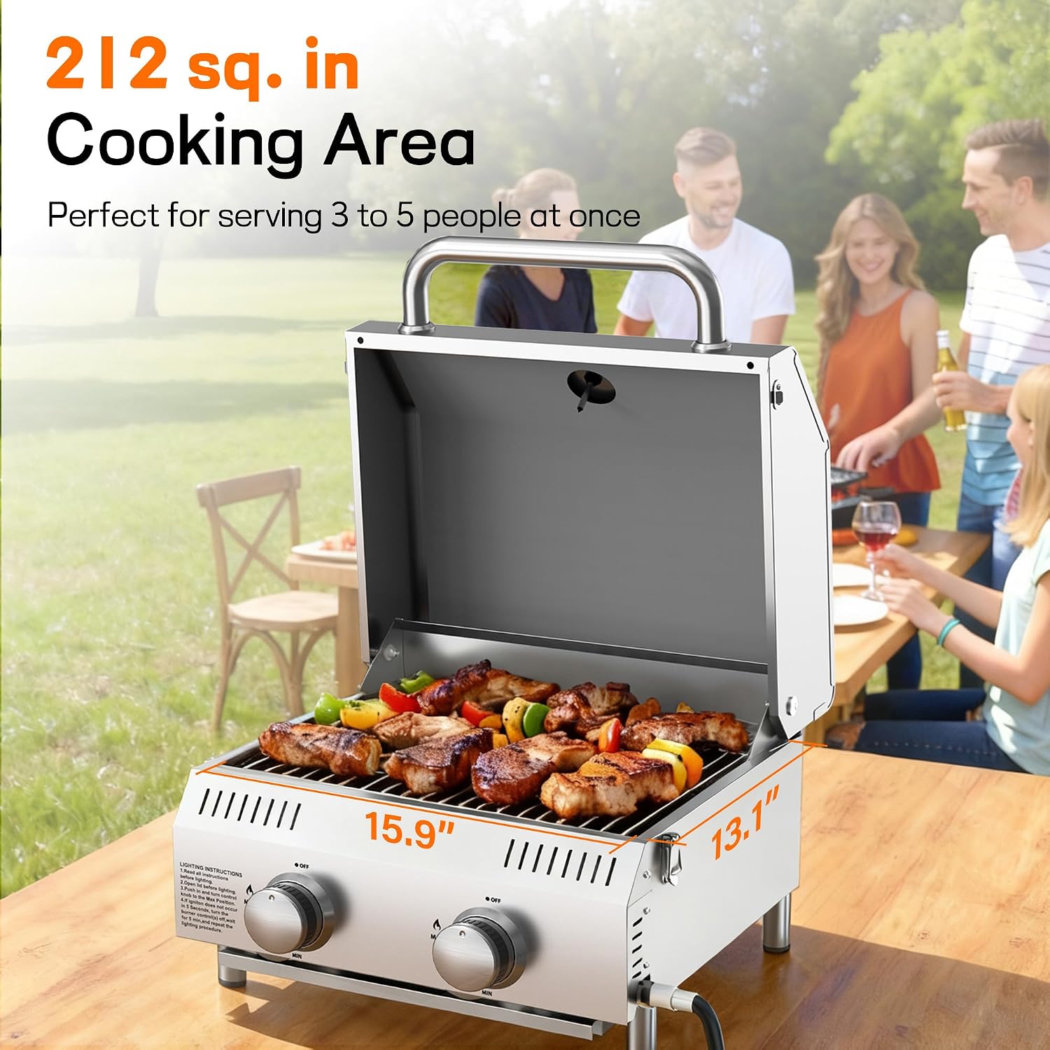 Veralune 2 Burner Tabletop Gas Grill, 22,000 BTUs Stainless Steel Portable Propane Grill with Legs, Built-in Thermometer, Travel Locks for Tailgating, Outdoor, Camping, RV Trips