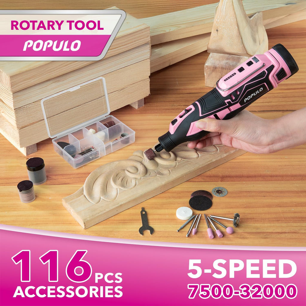 Pink Household Power Tool Combo for Women(3-Tool), 12V Lightweight Cordless Drill with Battery x2, Impact Driver and Rotary Tool Kit-Home Tool Kit for DIY, Home Improvement