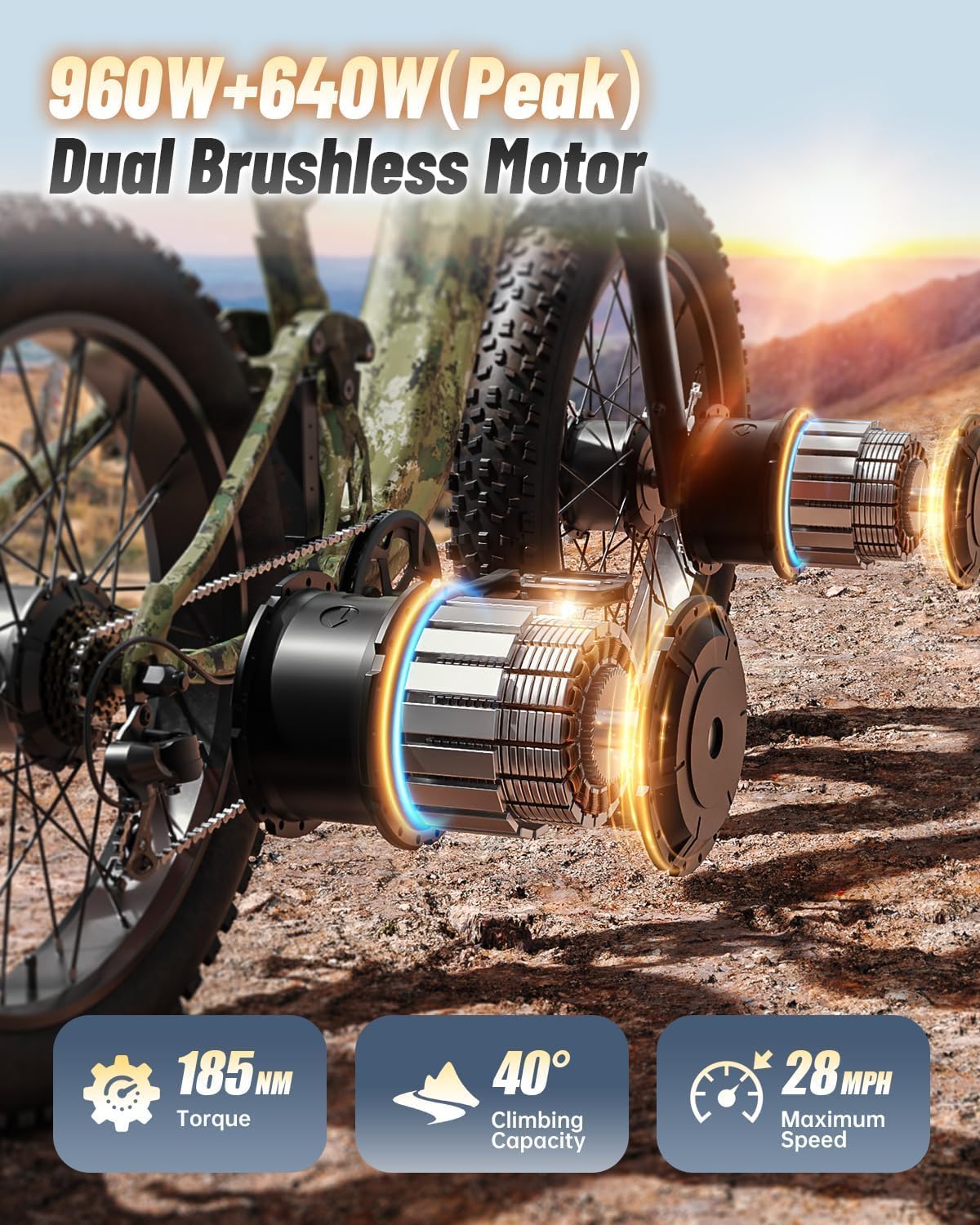 PUCKIPUPPY Dual Motor Electric Bike for Adults 1600W, Full Suspension Dual Hydraulic Disc Brake 26' Fat Tire E Bike, 48V 20AH Battery,8 Speed,28MPH 80Miles Range Mountain Electric Bicycle, GoldenR Pro