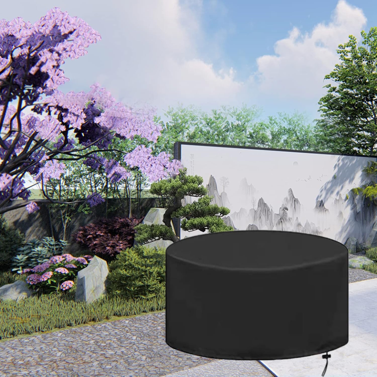 Garden Table Cover Heavy Duty 122' D x 32' H, Round Outdoor Dining Table Chair Set Covers, 100% Waterproof Outdoor Couch Cover, Large Outdoor Stacking Chairs Cover (310x82cm)