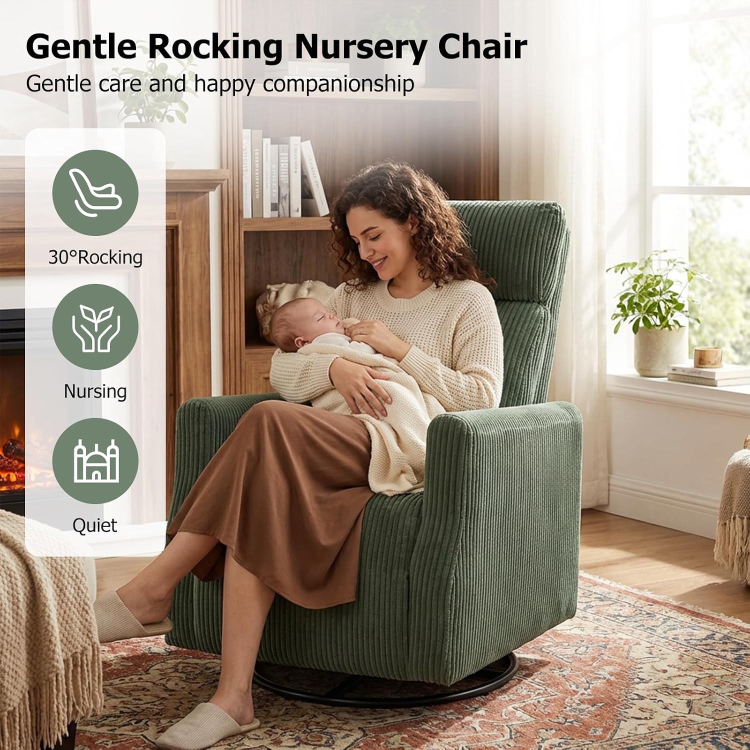 CANMOV Swivel Rocker Chair for Nursery, Swivel Accent Chair with High Back and Arms, Corduroy Glider Chair for Living Room Bedroom Nursery, Green