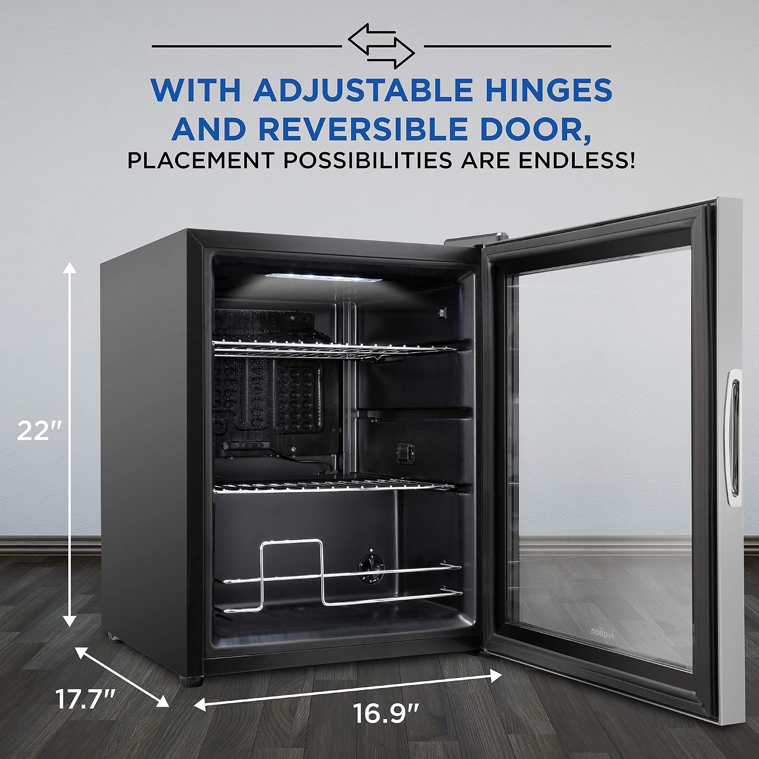 Ivation 62 Can Beverage Refrigerator, Freestanding Ultra Cool Mini Fridge, Beer, Cocktails, Soda, Juice Cooler for Home & Office, Reversible Glass Door & Adjustable Shelving - Stainless Steel