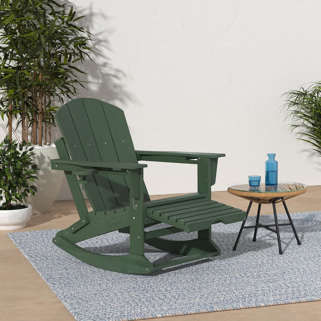 KINGYES Adirondack Rocking Chair with Retractable Ottoman and Cup Holders, HDPE Adirondack Rocker Patio Rocking Chair for Porch, Patio, Balcony, Dark Green
