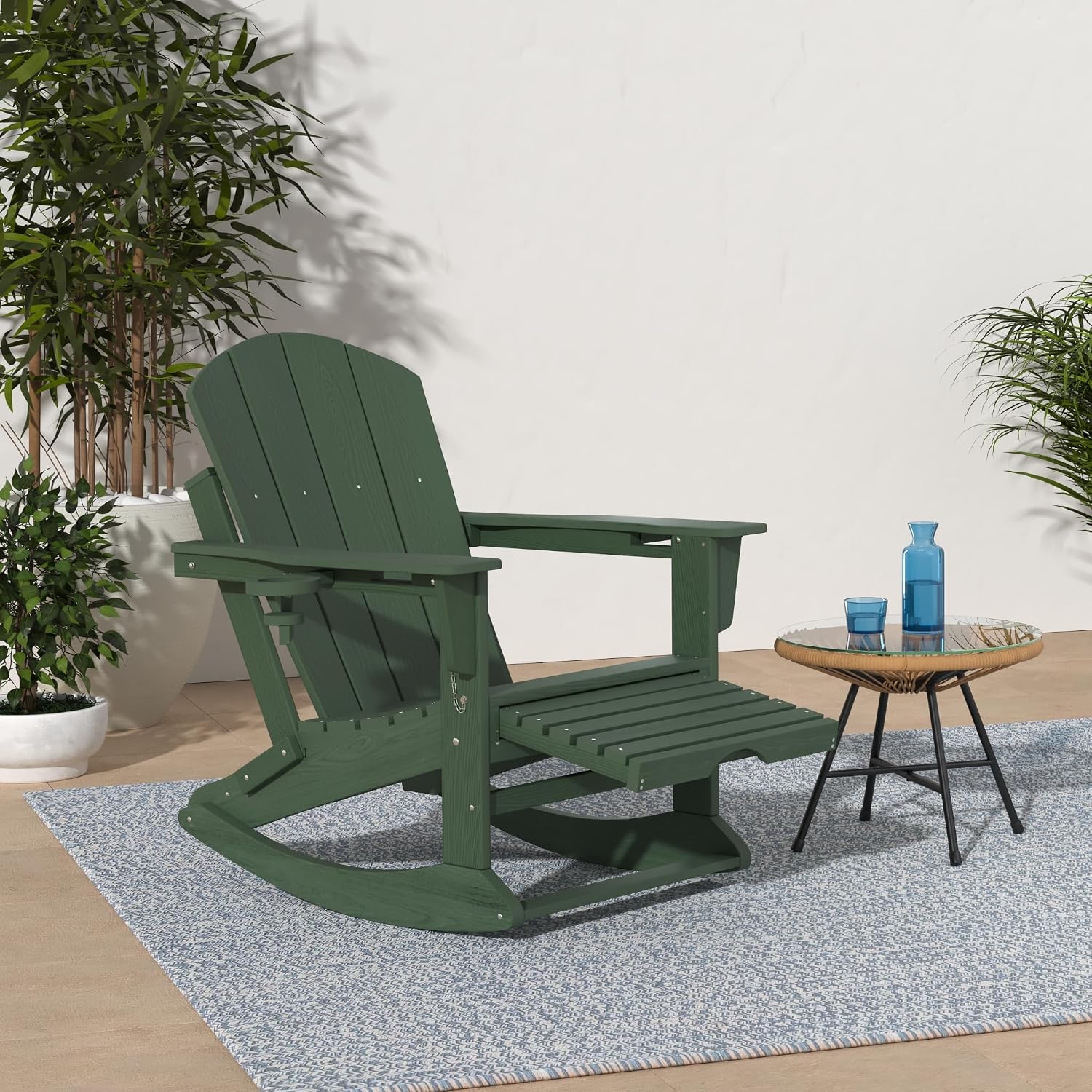 KINGYES Adirondack Rocking Chair with Retractable Ottoman and Cup Holders, HDPE Adirondack Rocker Patio Rocking Chair for Porch, Patio, Balcony, Dark Green