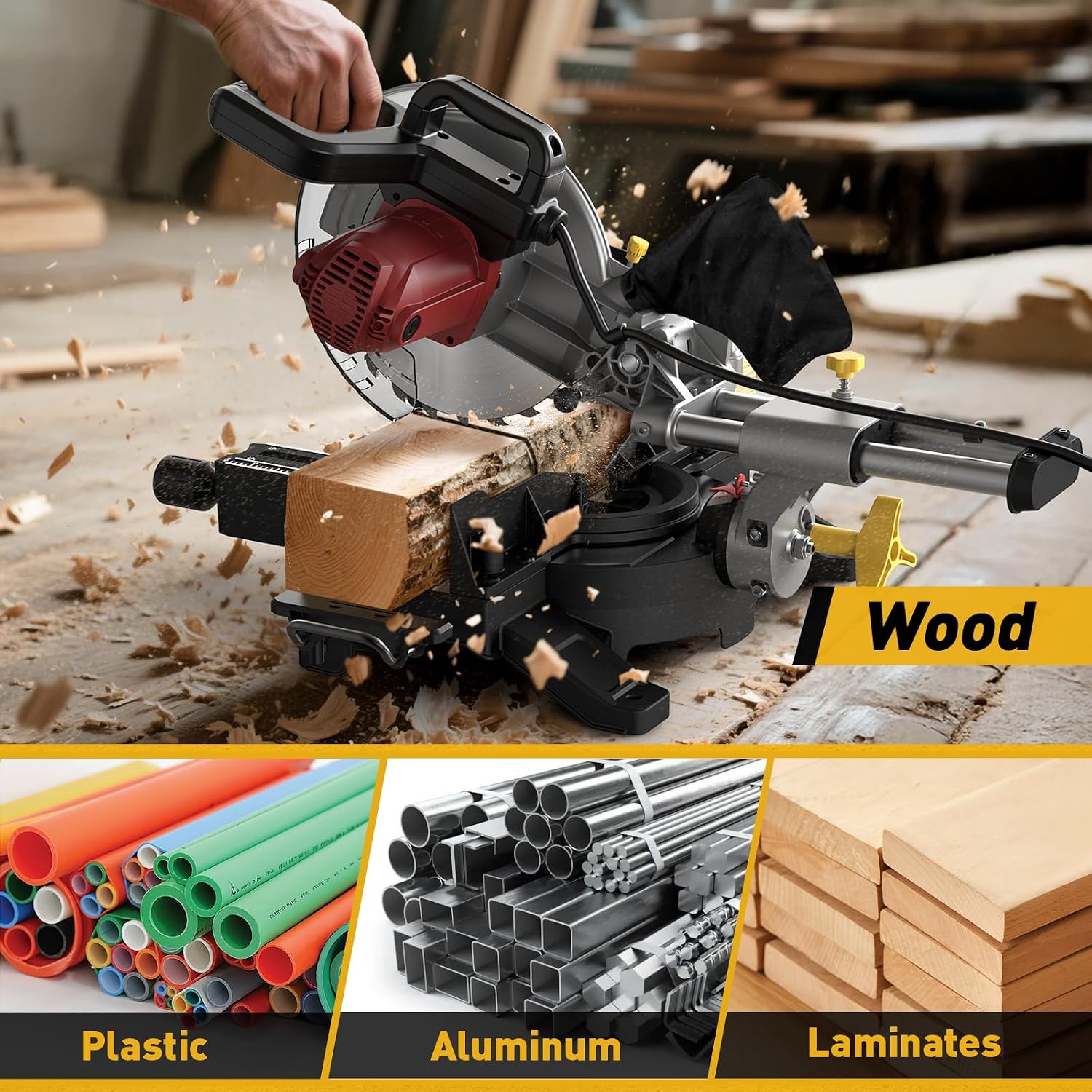 10-inch Sliding Compound Miter Saw, 5000RPM, 15 Amp, Single Bevel 0-45° with Extension Table, 36T Blade, Power Saw for Metal, Plastic, Wood, Laminates