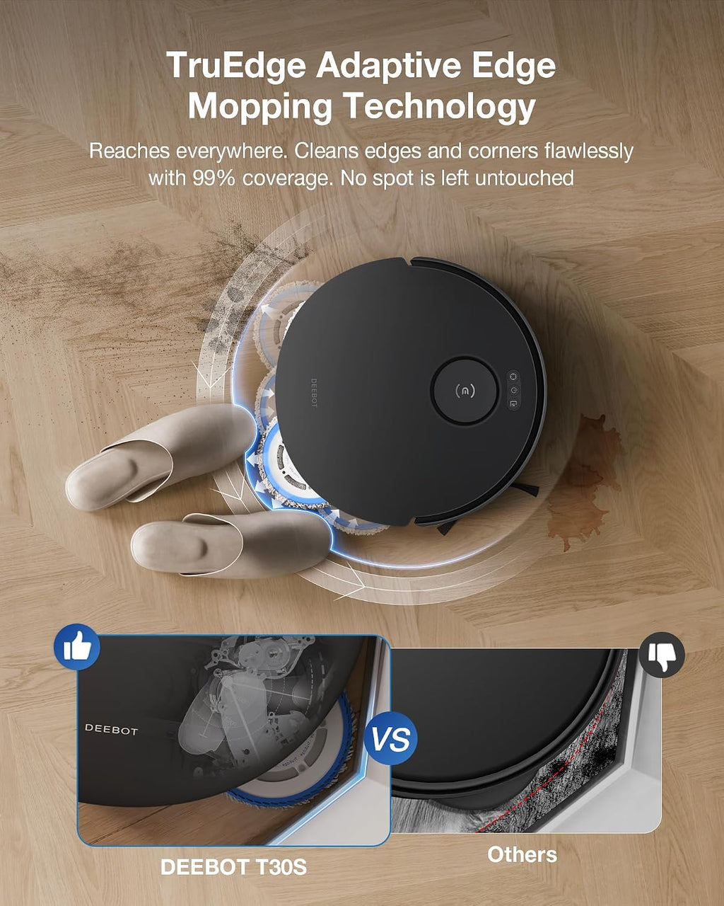 ECOVACS DEEBOT T30S Robot Vacuum and Mop, 11000Pa, ZeroTangle Technology, TruEdge Adaptive Edge Mopping, Hot Water Mop Washing, Self-Emptying, Self Refilling, Auto-Mop Lifting, Obstacle Avoidance