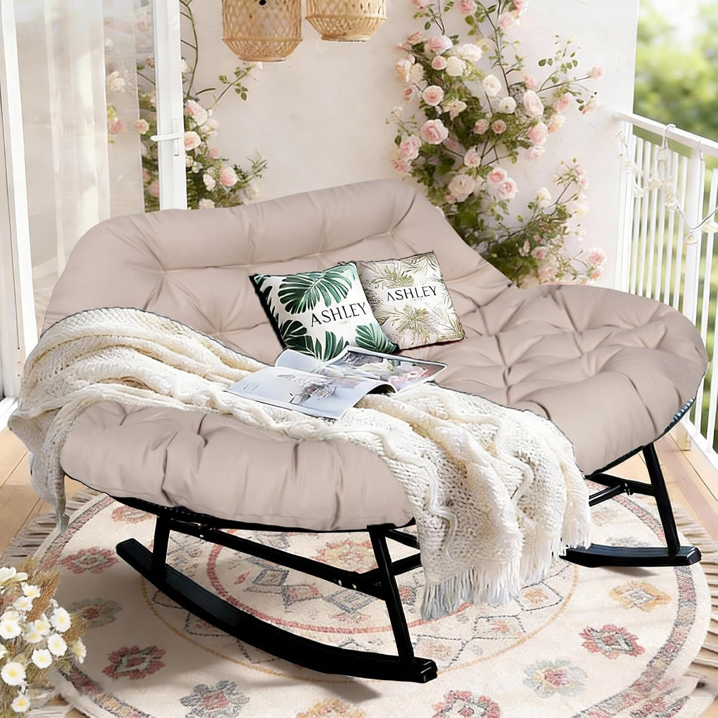 YOXIFOC Double Papasan Chair, Indoor and Outdoor Double Lounge Rocking Chair, with Extra-Thick Large Cushion, for Living Room/Patio/Garden (Beige)