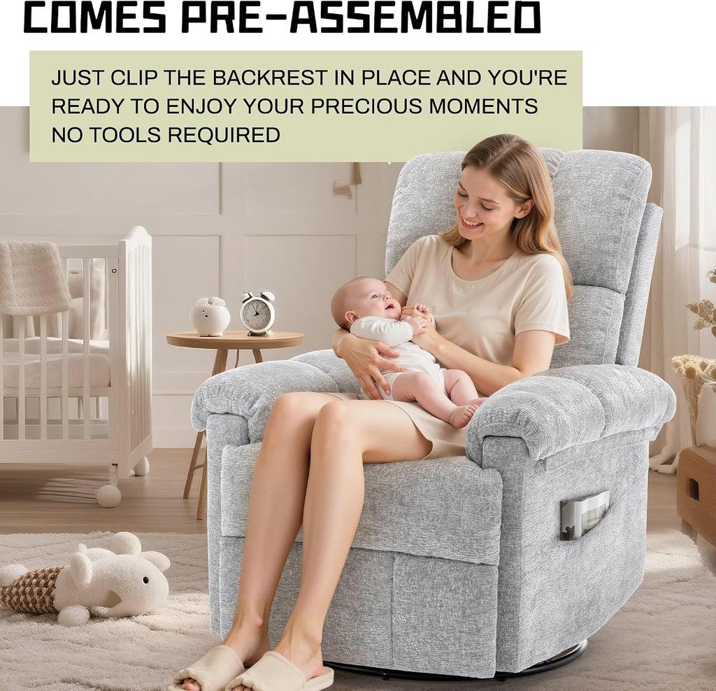 Korser Recliner Chair, Swivel Rocker Recliner Chair for Adults, Small Recliners for Small Spaces, Manual Recliner Chair with Side Pockets, Nursery Rocking Chair for Living Room, Chenille, Silver Grey