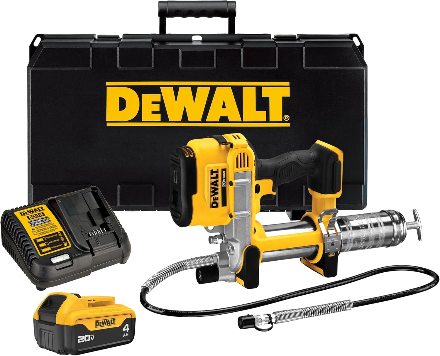 DEWALT Grease Gun Kit 20V MAX with 4.0Ah Battery and Charger, Cordless Grease Gun, LED Light, 42' Hose, 10,000 PSI, Variable Speed Triggers (DCGG571M1)