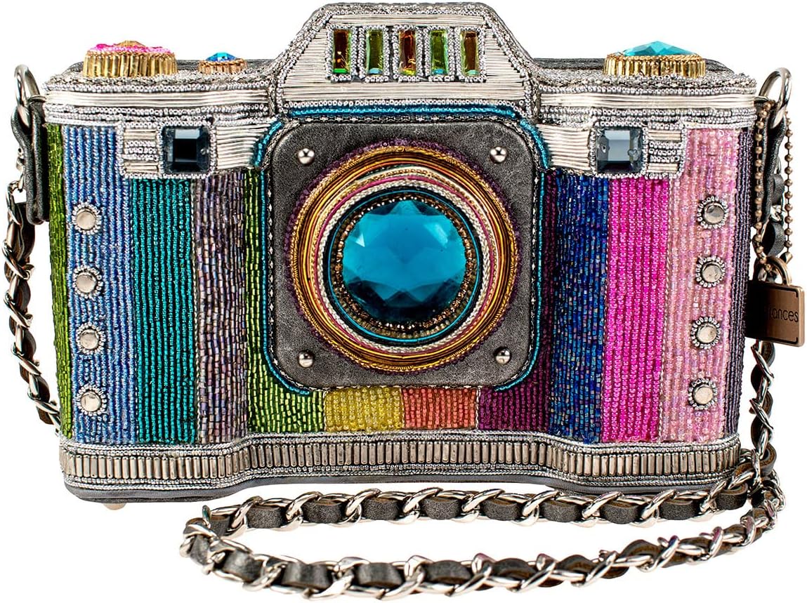 Mary Frances Life in Color Beaded Handbag – Camera-Themed Crossbody with Magnetic Closure for Travel, Weddings, Parties – Multicolor
