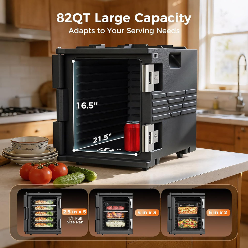 CAMMOO Black 82QT Non-Electric Hot Box Food Warmer with Wheels, 304 Stainless Steel Latch, Insulated Food Carrier for 5 Full-Size Pans(NOT Included), Food Warmer Box Hot Boxes for Catering