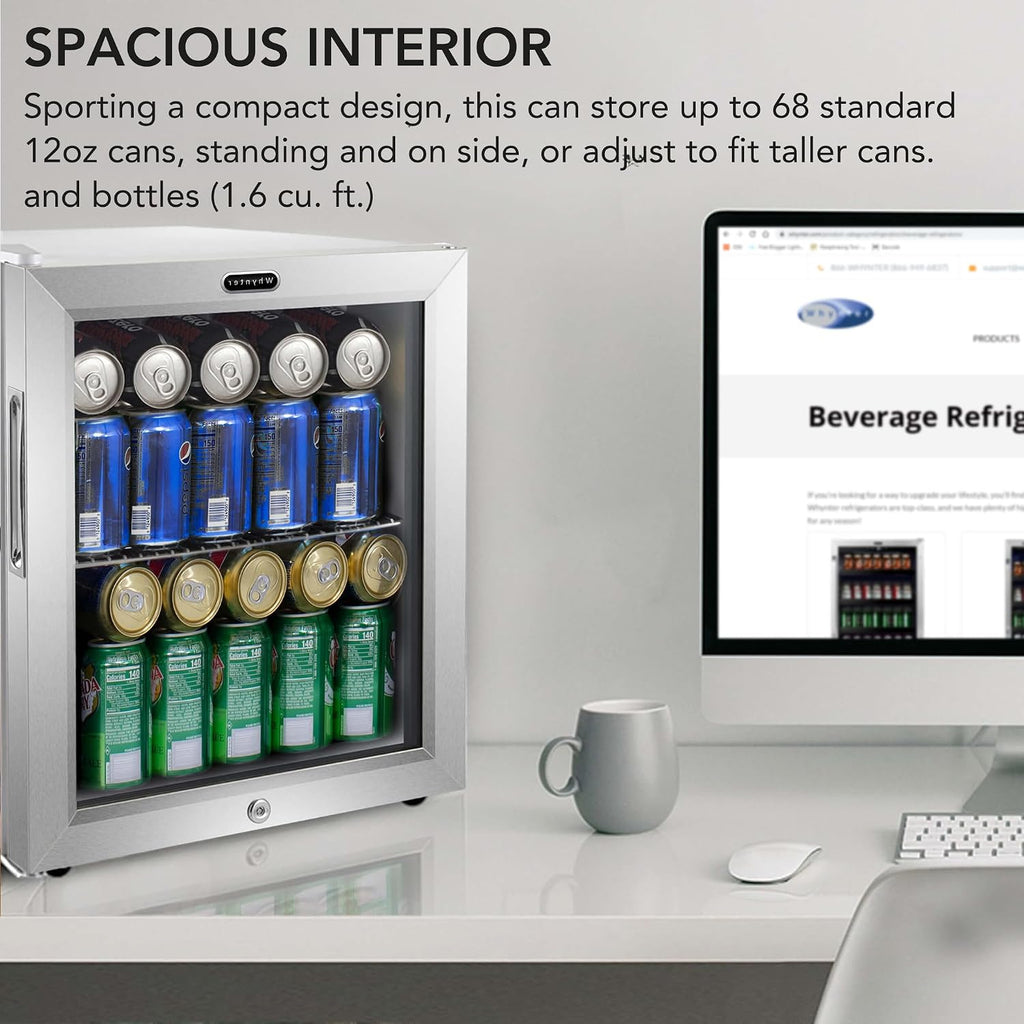 Whynter Beverage Refrigerator with Double-Layer Glass Door, 68-Can 1.6 Cu Ft Freestanding Drink Mini Fridge, BR-062WS, Stainless Steel