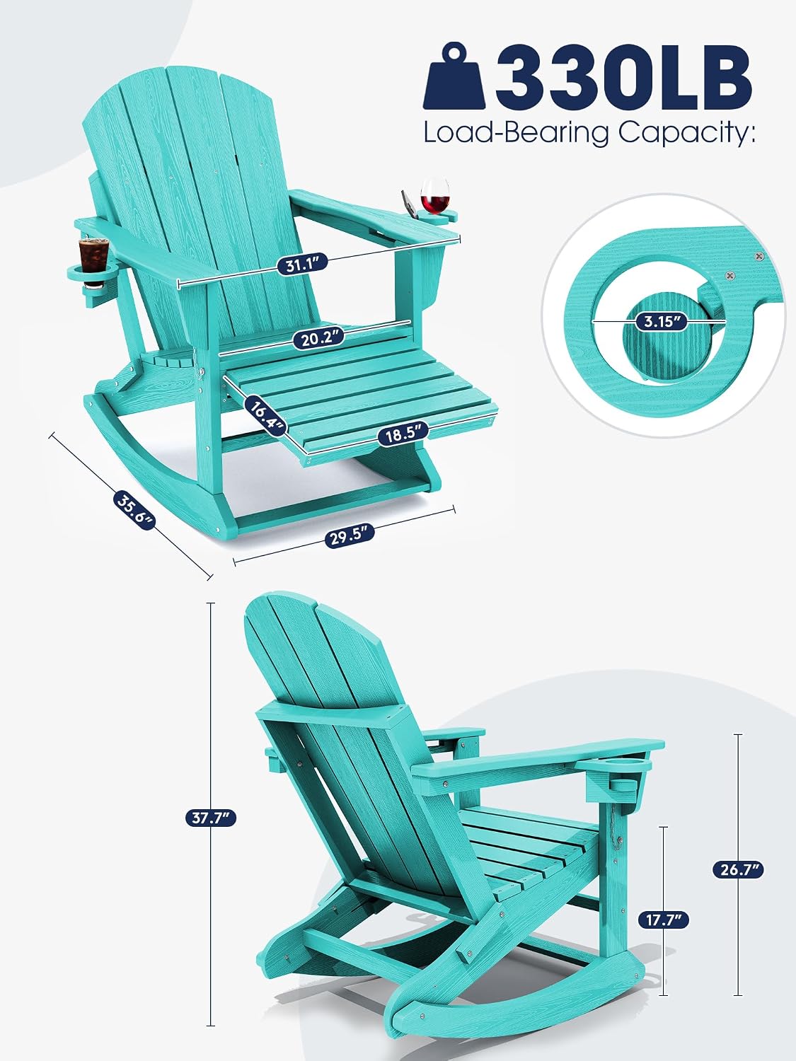 KINGYES Adirondack Rocking Chair Set of 2 with Retractable Ottoman and Cup Holders, HDPE Adirondack Rocker Patio Rocking Chair for Porch, Patio, Balcony, Aqua Blue