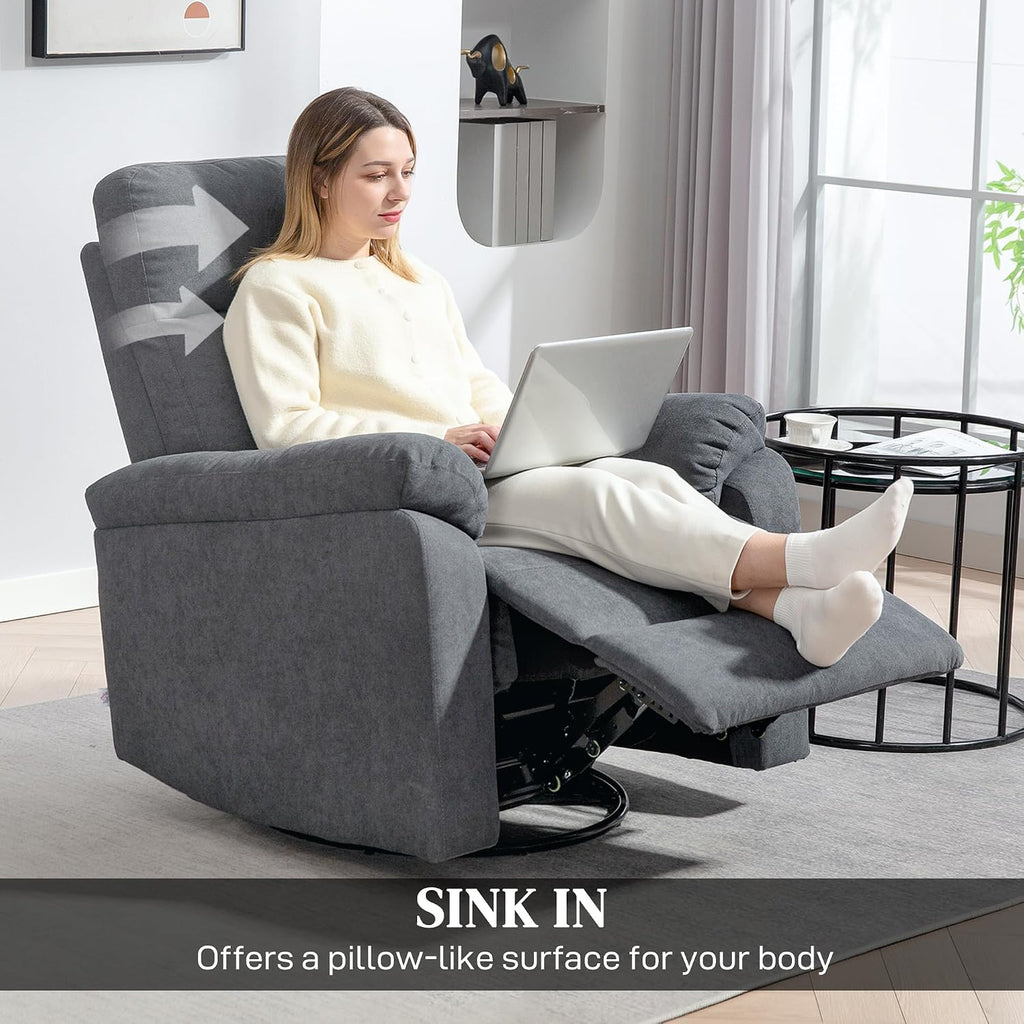 HOMCOM Swivel Rocker Recliner Chair, Wide Glider Rocking Single Sofa with Pocket Spring, Footrest, Modern Fabric Overstuffed Reclining Chair for Living Room, Bedroom, Quick Assembly, Gray