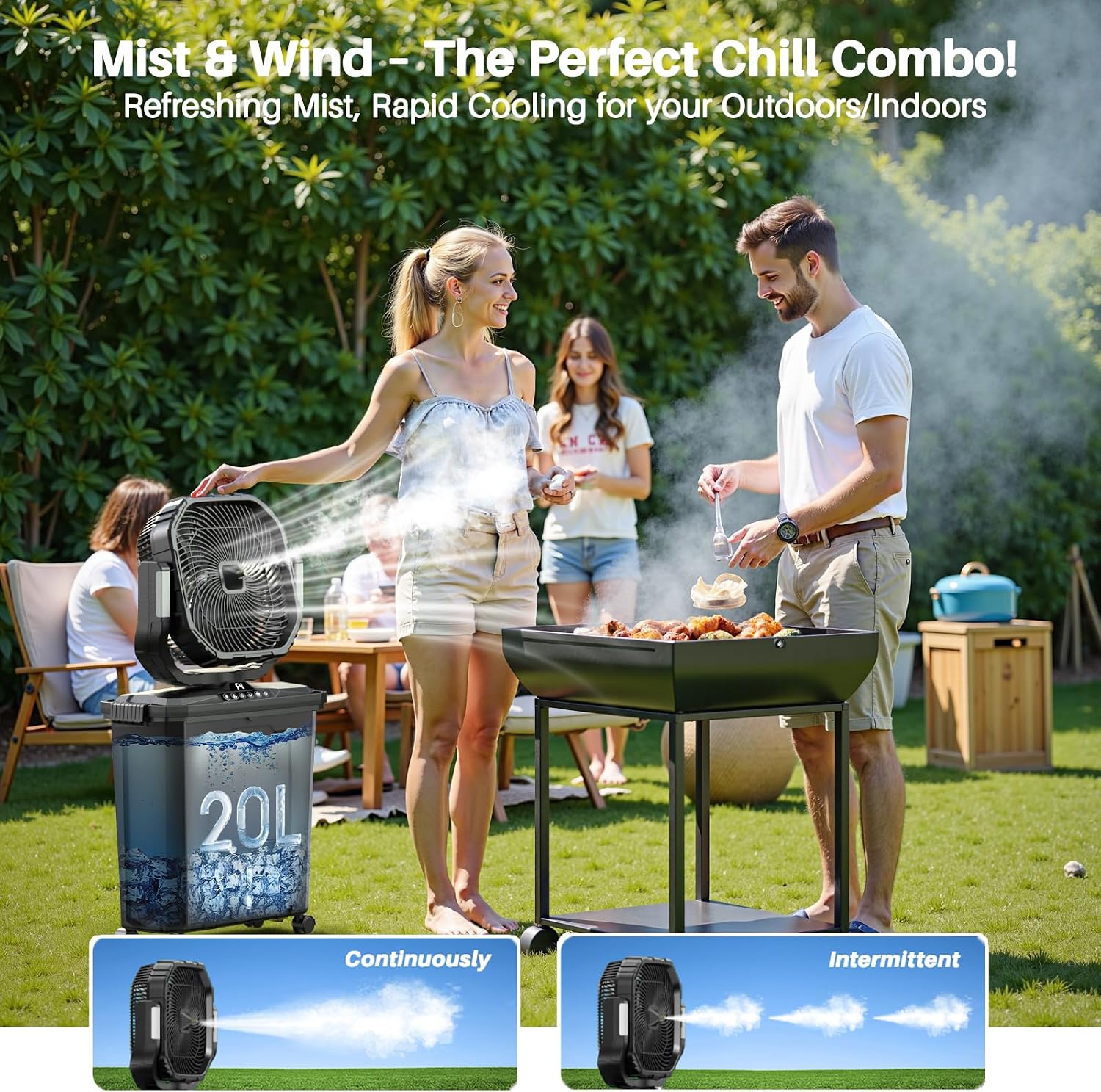 Ausic 12' 20L Portable Misting Fan, 30000mAh Fast Rechargeable Battery Water Cooling Fan, Oscillating Outdoor Fans with Adapter, LED Light, Timer, Caster, for Patios/Camping/Beach Summer Essentials