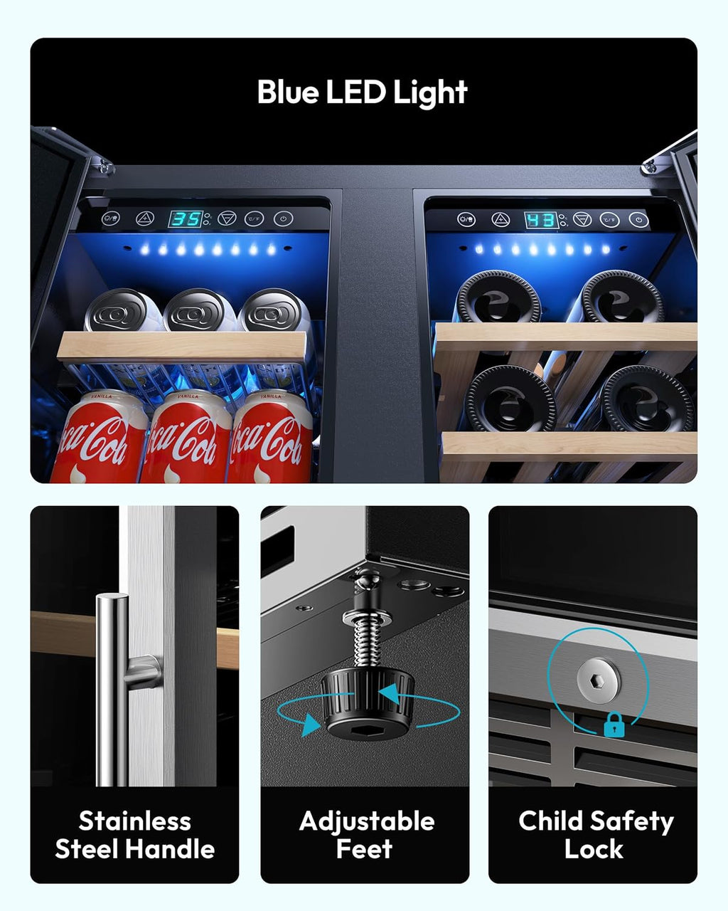 EUHOMY Wine and Beverage Refrigerator, 24 Inch Dual Zone Wine Cooler with Glass Door Hold 21 Bottles and 88 Cans, Built in or Under Counter Wine Fridge with Blue LED Light