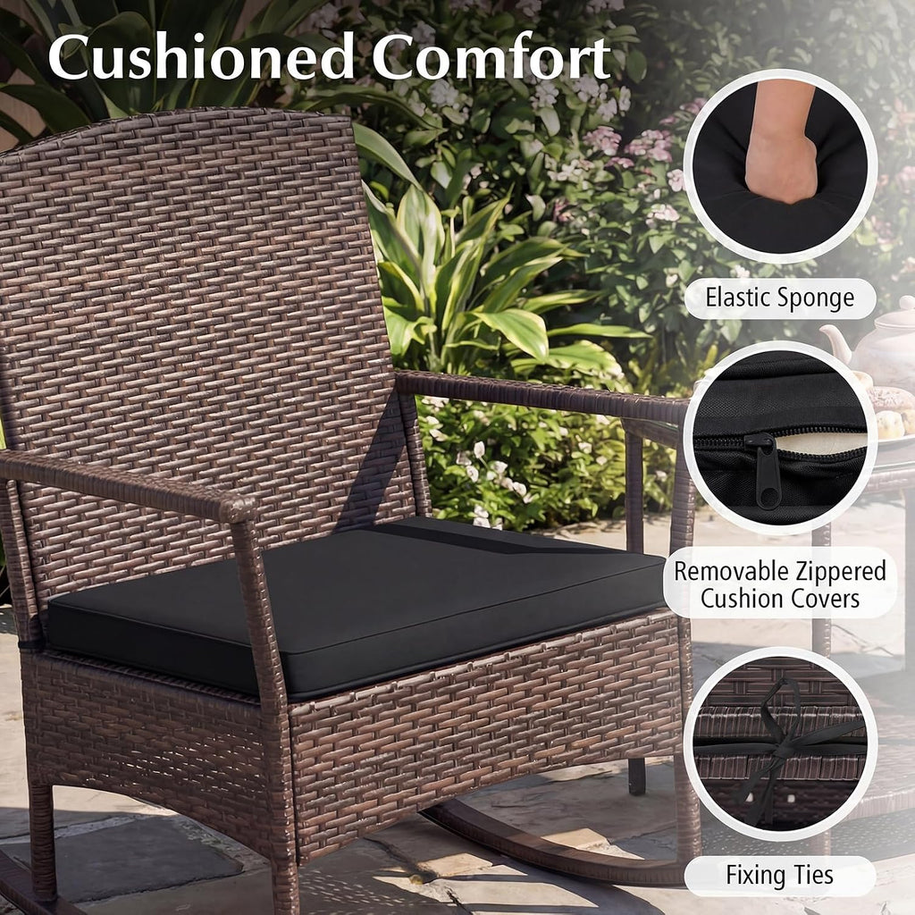 Tangkula 3 Pieces Rocking Wicker Bistro Set, Outdoor Front Porch Rocker Chairs Conversation Set with 2-Tier Tempered Glass Coffee Table and Thick Cushions for Garden, Balcony, Poolside (Black)