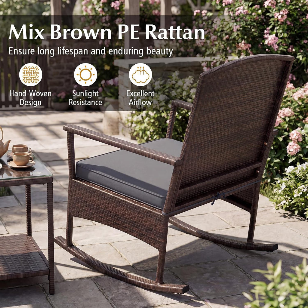Tangkula 3 Pieces Rocking Wicker Bistro Set, Outdoor Front Porch Rocker Chairs Conversation Set with 2-Tier Tempered Glass Coffee Table and Thick Cushions for Garden, Balcony, Poolside (Gray)