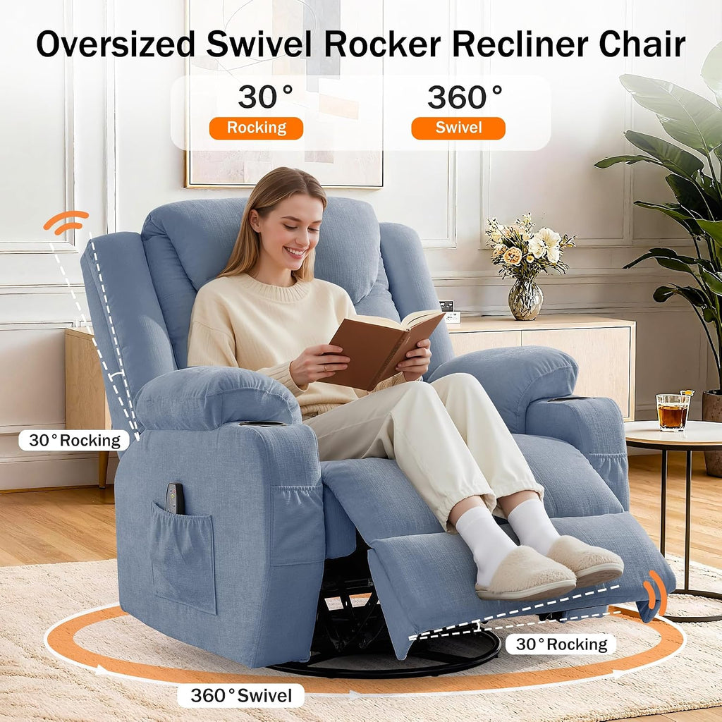 Korser Oversized Recliner Chair, 360° Swivel Recliner for Adults, Swivel Rocker Recliner Chair with Heat and Massage, Manual Recliner with Remote Control and Cup Holders for Living Room, Chenille
