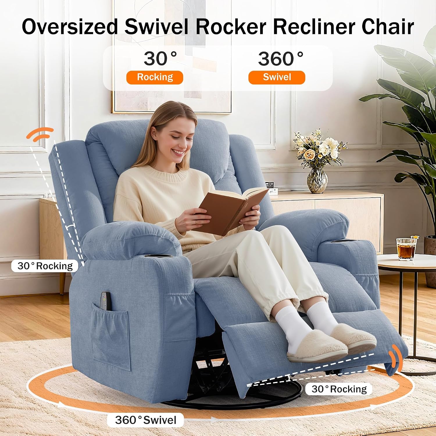Korser Oversized Recliner Chair, 360° Swivel Recliner for Adults, Swivel Rocker Recliner Chair with Heat and Massage, Manual Recliner with Remote Control and Cup Holders for Living Room, Chenille