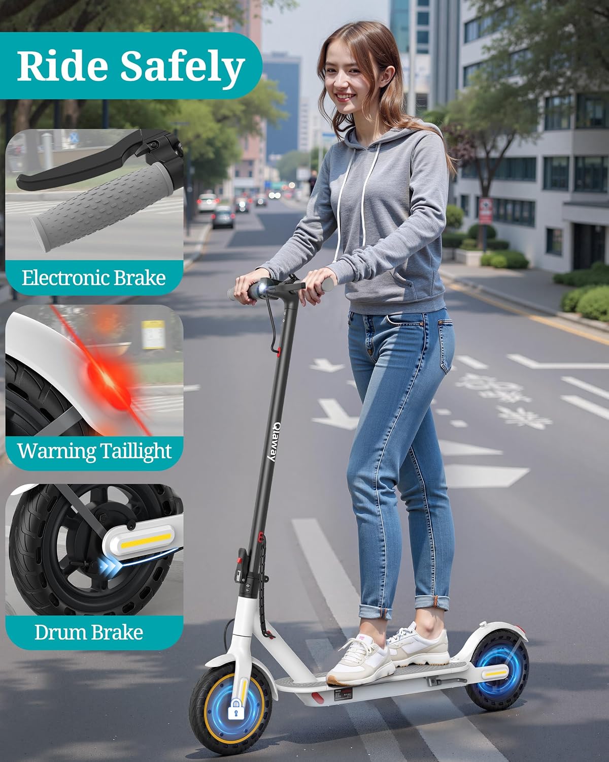 Qlaway Electric Scooter for Adults, 350W/500W Motor, 16-22 Miles Range, 8.5'/10' Solid Tires, Dual Braking & Suspension, Folding Portable Commuting E-Scooter with App