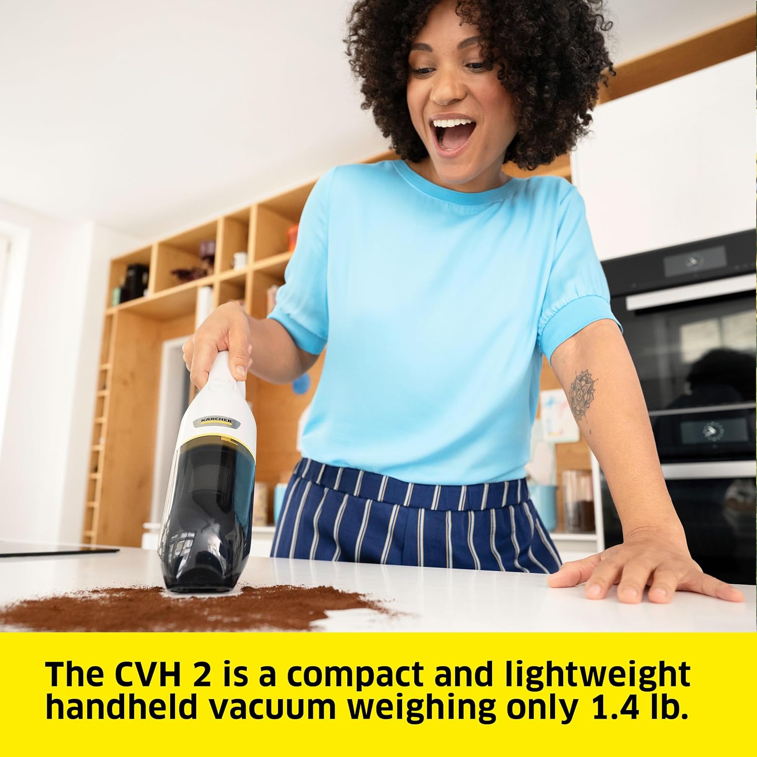 Kärcher CVH 2 Handheld Vacuum Cleaner, Double Filtration System incl. a HEPA 12 Filter, 2-in-1 Crevice Nozzle, Cordless, Weighs only 1.4 pounds, USB Charger