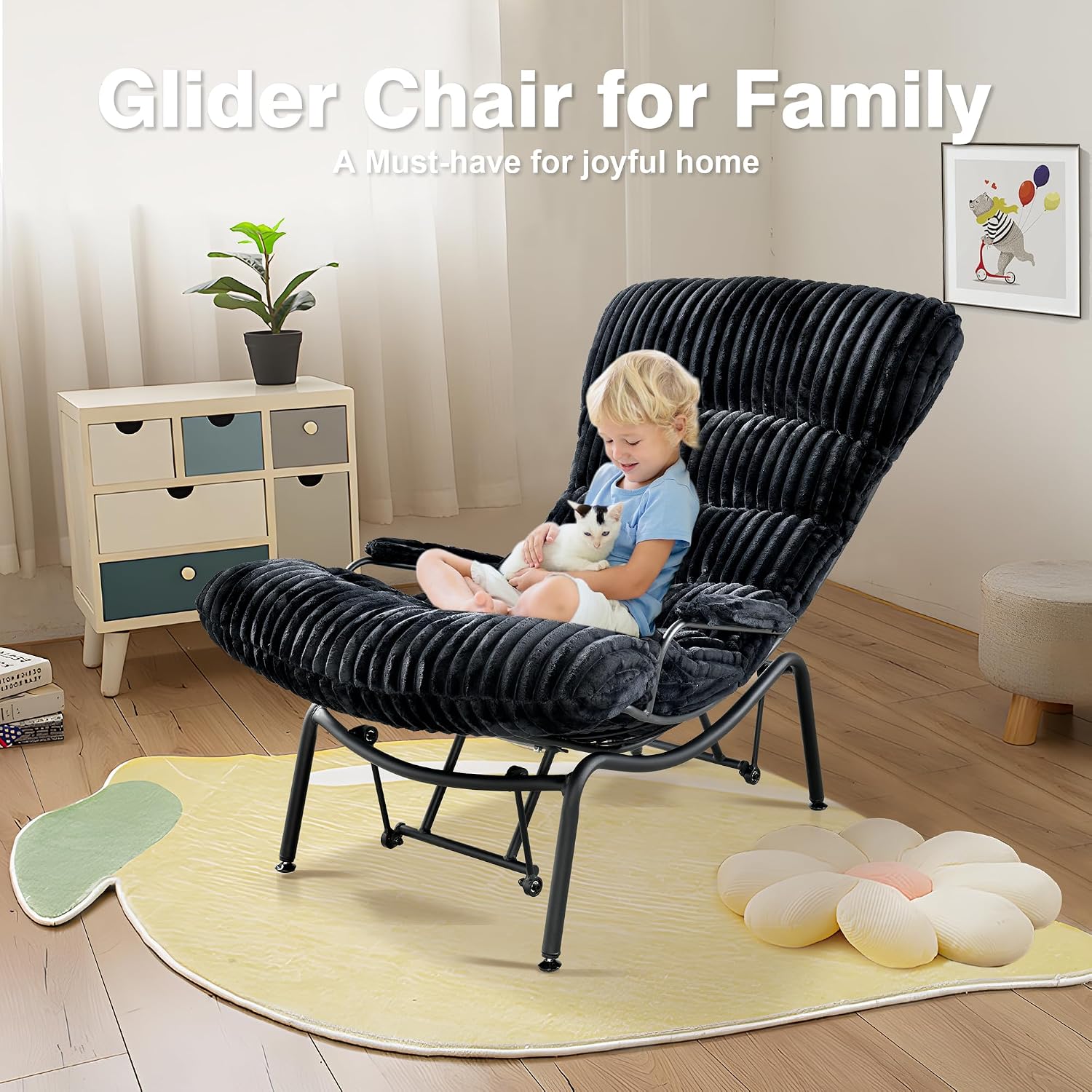 ovios Glider Rocking Chair with Ottoman, Mid-Century Modern Recliner Chair with Footrest, Comfy Gliding Rocker Lazy Accent Armchair for Living Room Bedroom, Cloud Plush Corduroy, Black