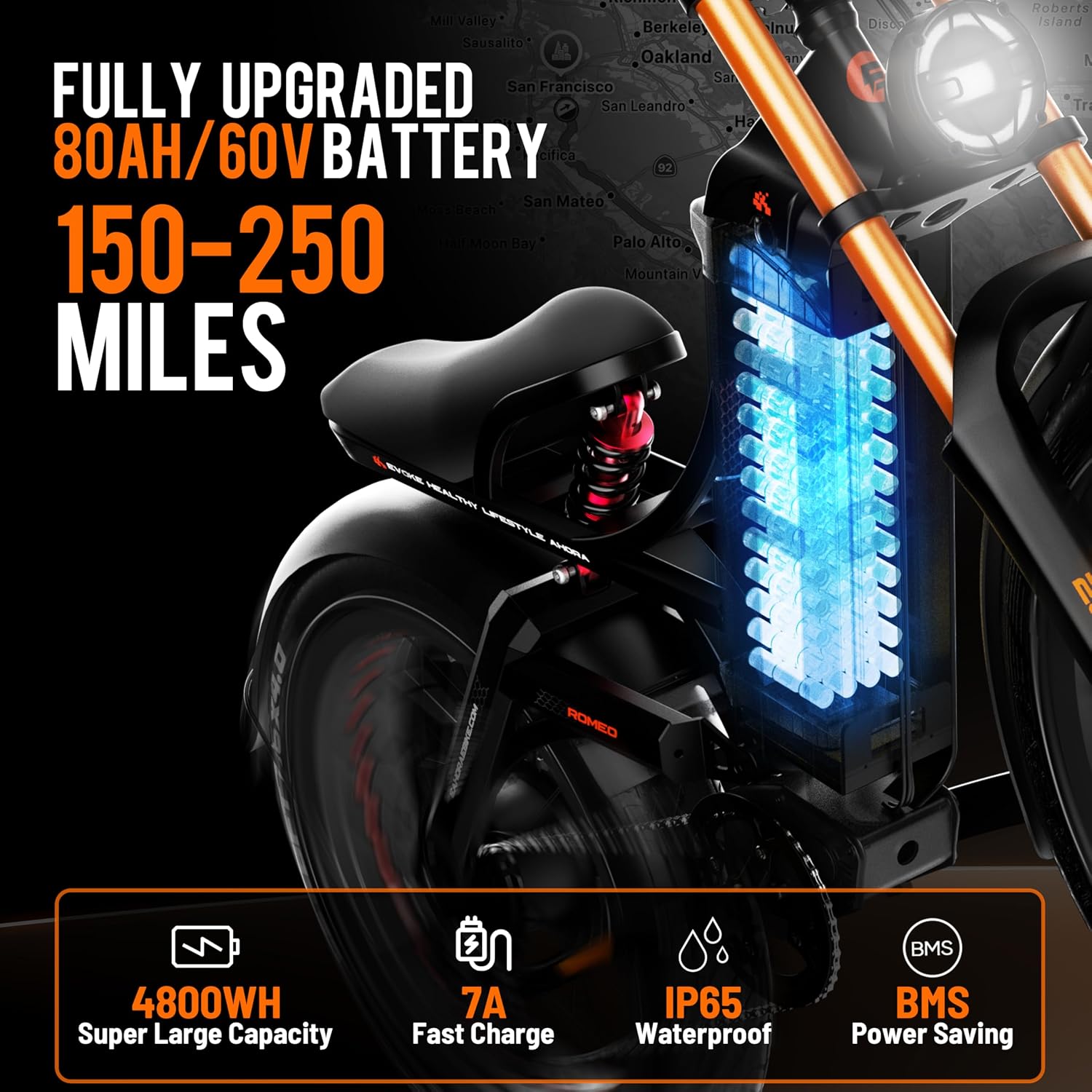 2026 eAhora Romeo Pro 3/2 50-46 Mph Electric Bike for Adults, 5600W/4000W/2500W Dual Motor Ebike 60V 80Ah/52V 70Ah Battery 200 Miles Long Range, 26*4.0'/20*4.5' Fat Tire, Full Suspension, All Terrain