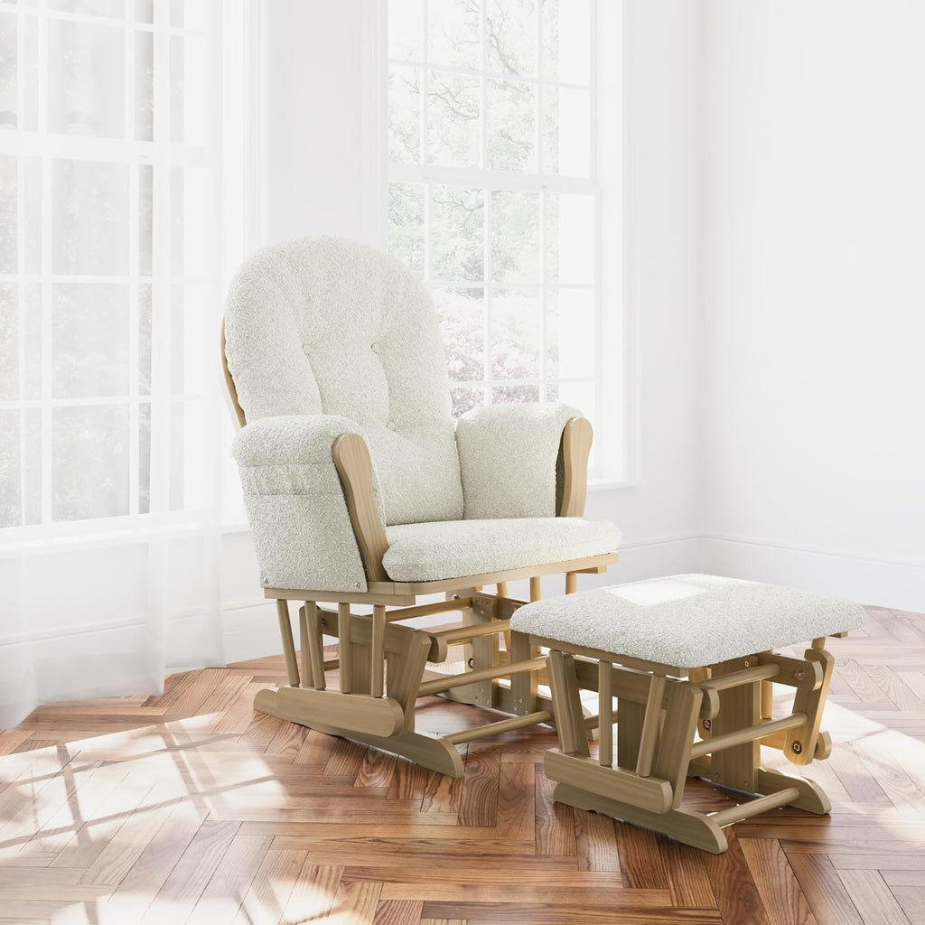 Storkcraft Premium Hoop Glider & Ottoman - GREENGUARD Gold Certified, Solid Wood Craftsmanship, Convenient Storage Pockets, Nursery Rocking Chair, Multi-Award-Winning (Driftwood and Ivory Boucle)