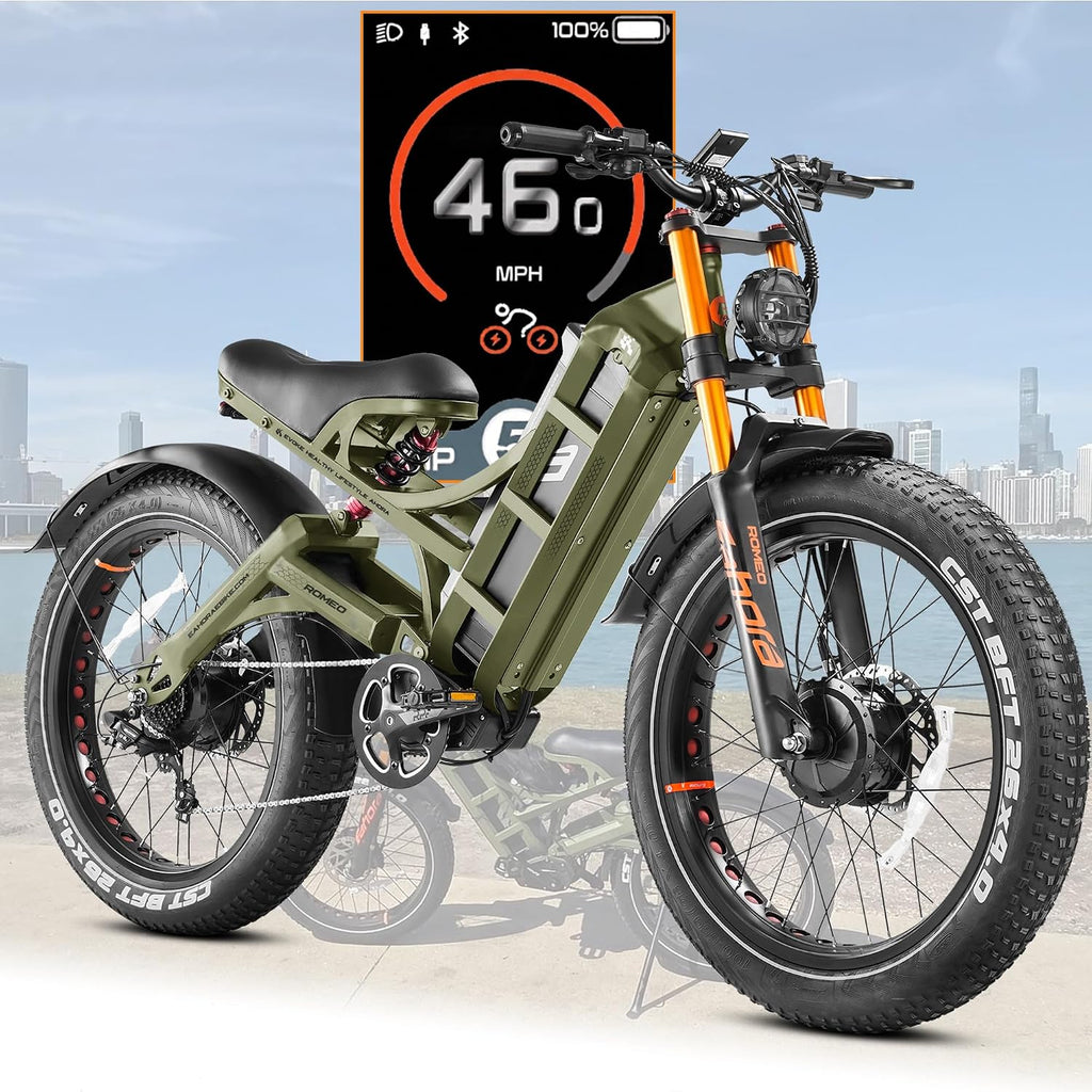 2026 eAhora Romeo Pro 3 Electric Bike for Adult, Peak 5600W Dual Motor, 50mph, 60V 80Ah Battery, 250 Miles Long Range, 26'*4.0 Fat Tire, Air Suspension, App, Commute, Delivery, All-terrian