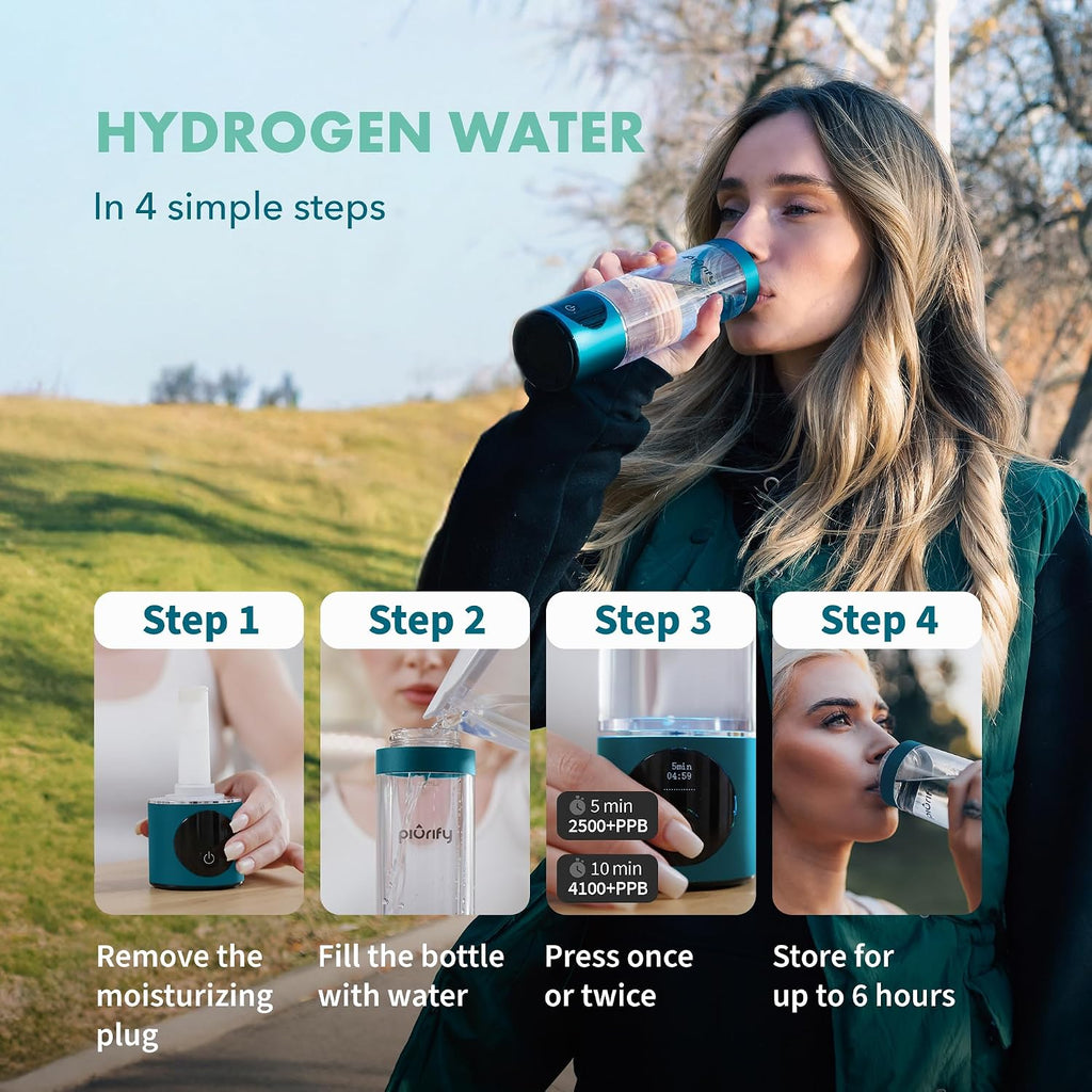PIURIFY Hydrogen Water Bottle Generator - Up to 4100+ PPB Molecular Hydrogen Infusion - SPE/PEM Technology - Certified H2 Generator - Rechargeable - Extended Warranty - 10 oz (Turquoise)