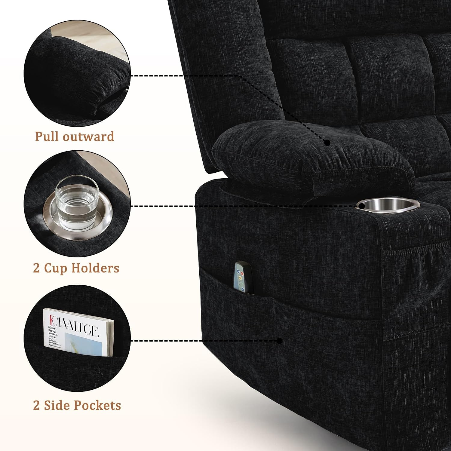 Korser Adult 360° Rotating Recliner with Massage and Heating Functions, Cup Holder and Manual Tilt Mechanism, Suitable for Living Room and Bedroom (Fabric, Black)