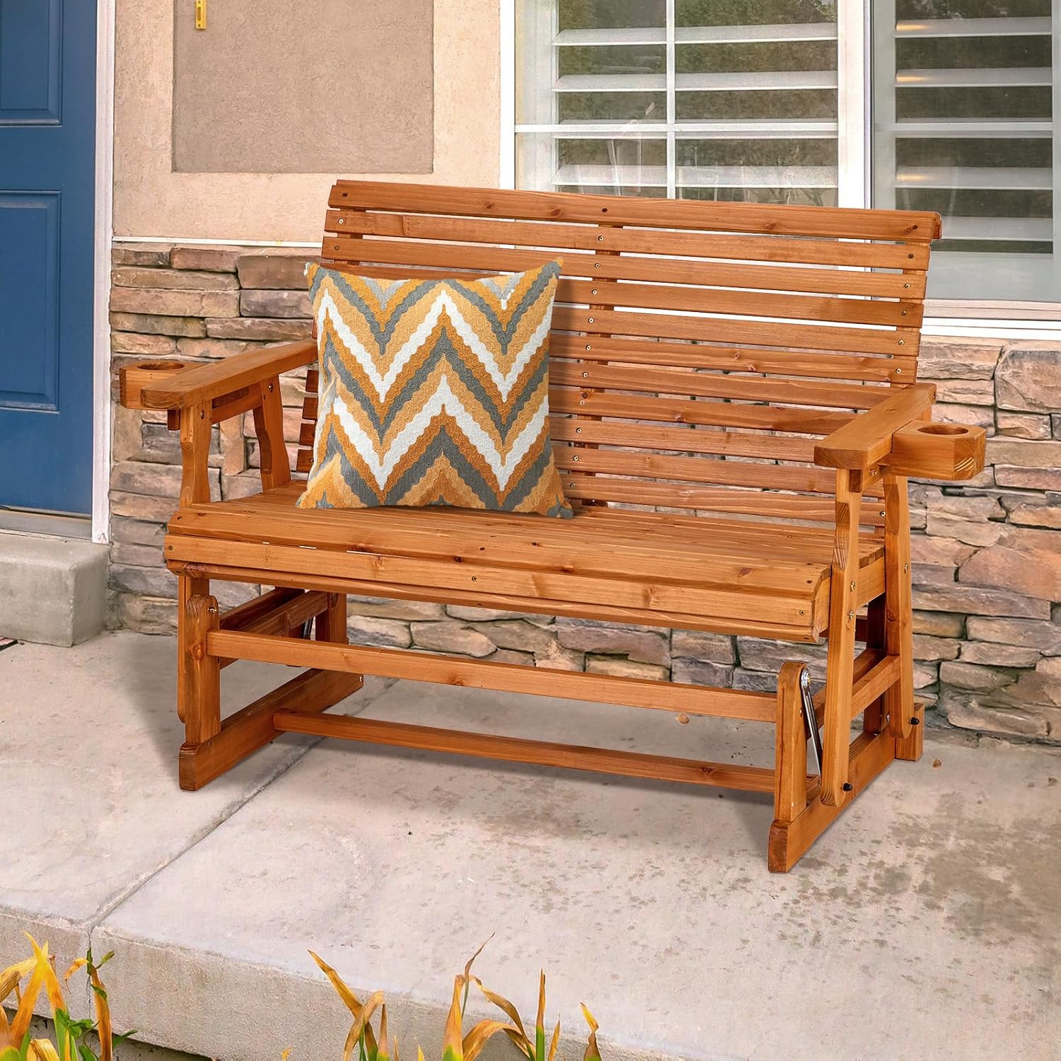VINGLI Outdoor Glider Wood Patio Chair with Cup Holders, Outdoor Bench Glider Loveseat with Smooth Rocking Mechanism, Heavy Duty 800 LBS