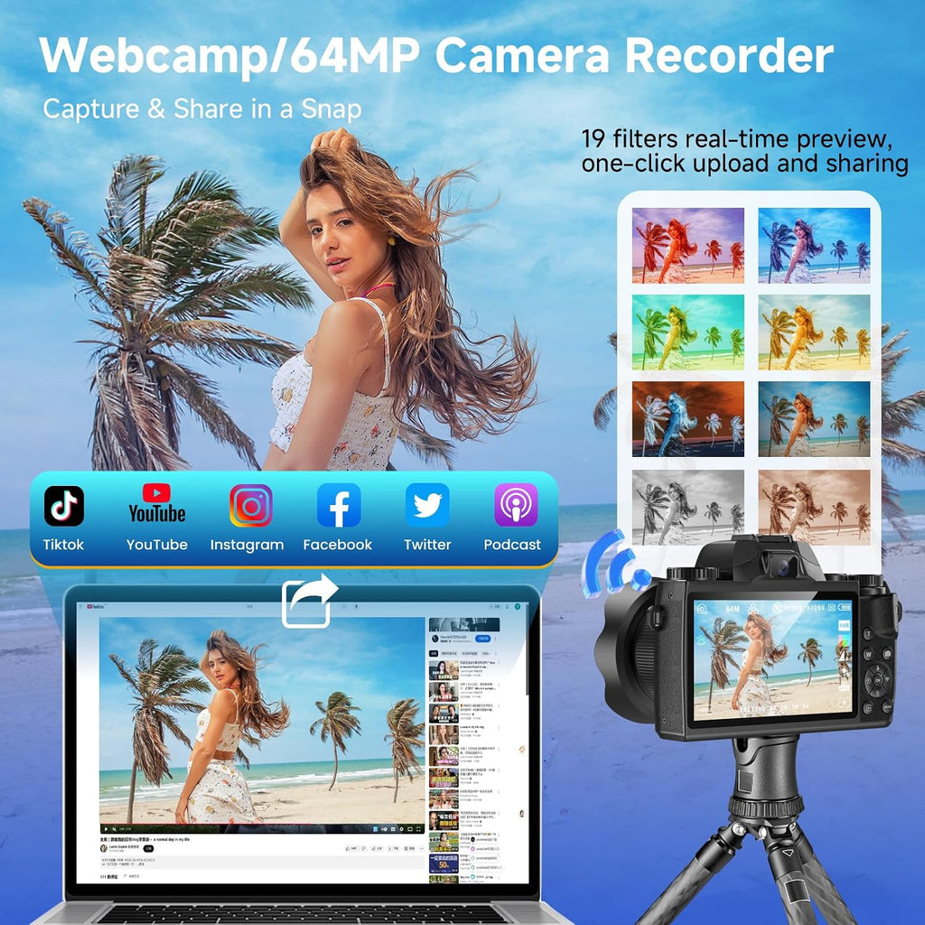 4K Digital Camera for Photography, 64MP Dual Lens Vlogging Camera with 4.0' Touchscreen, Point and Shoot Camera for Beginners Teens, WiFi Digital Camera with 16X Digital Zoom & 64GB SD Card