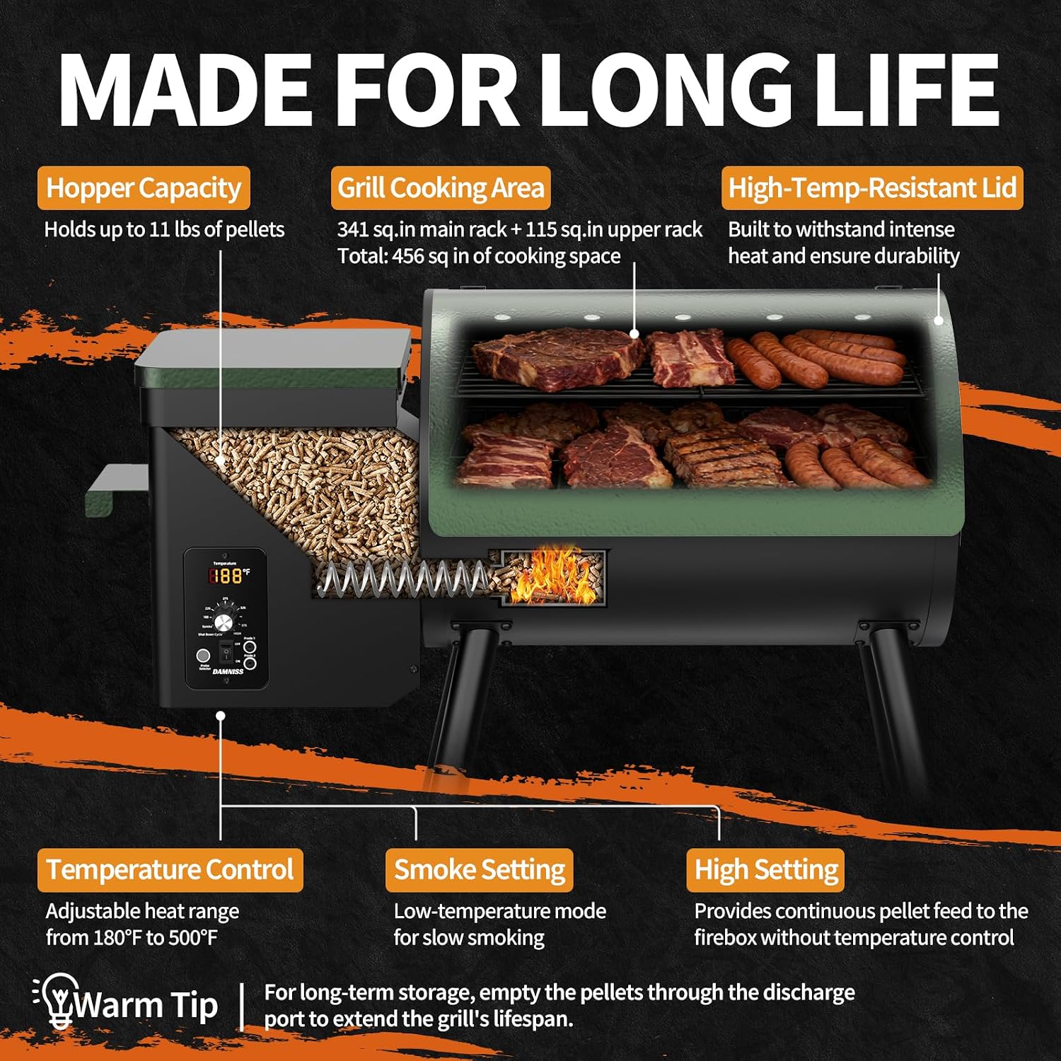 Electric Pellet Grill 456 SQ.IN Cook Area Pellet Smoker with Auto Feed & PID Controller 500°F Max Temperature 8 in 1 BBQ Grill with Meat Probe & Side Table with Hooks Perfect for Outdoor BBQ
